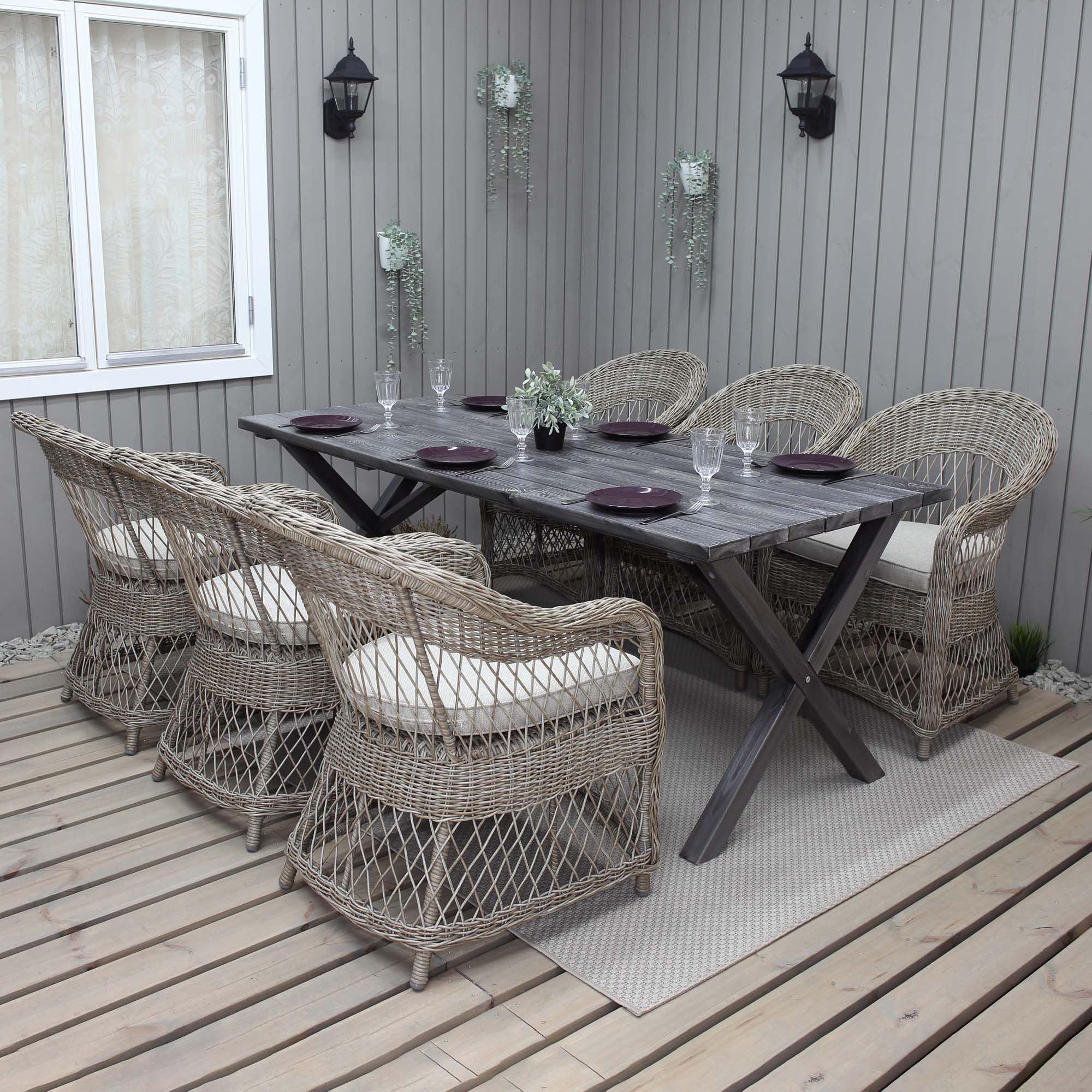 Matgrupp Utomhus Baltic Garden 190 cm bord & 6 Merida naturfärgade stolar