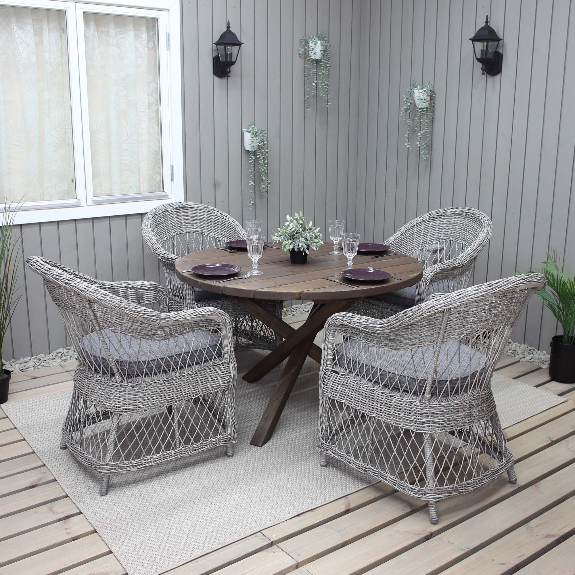 Matgrupp Utomhus Baltic Garden Ø 112 cm bord & 4 Merida grå stolar