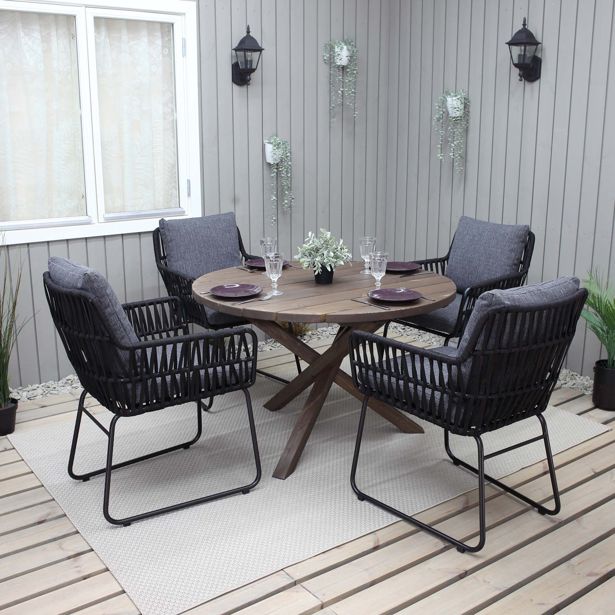 Matgrupp Utomhus Baltic Garden Ø 112 cm bord & 4 Levanto grå stolar