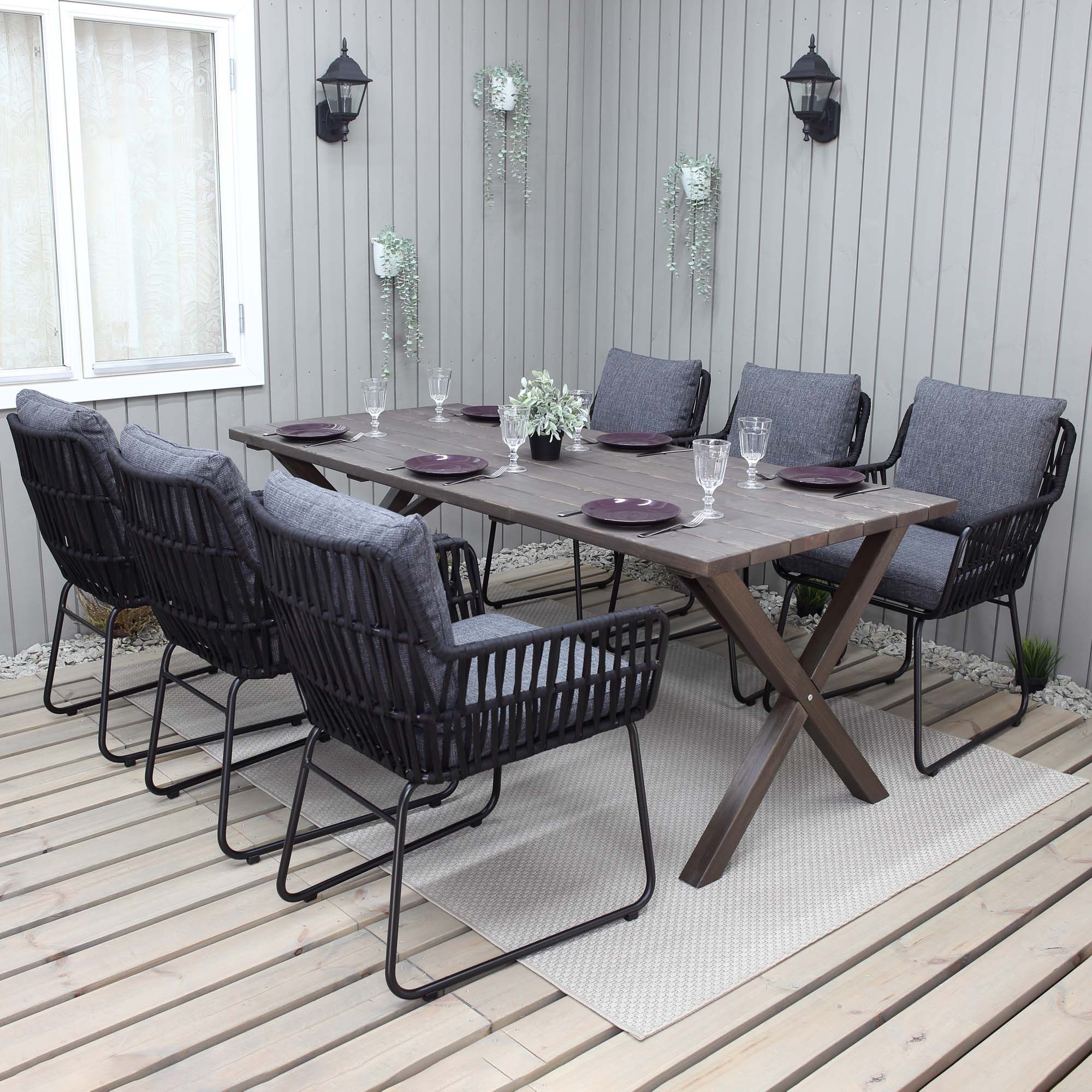 Matgrupp Utomhus Baltic Garden 190 cm bord och 6 Levanto grå stolar