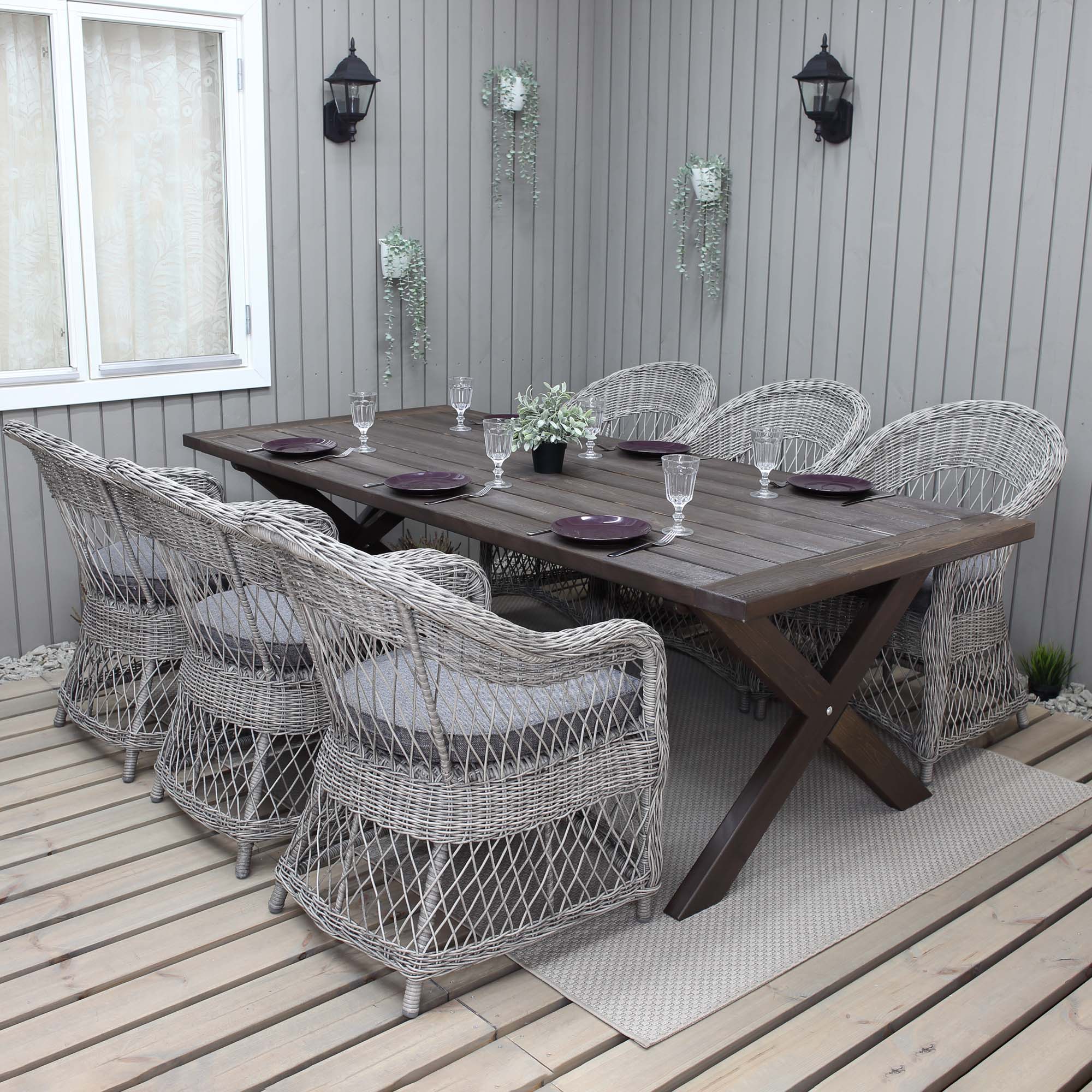 Matgrupp Utomhus Baltic Garden 220 cm bord och 6 Merida grå stolar