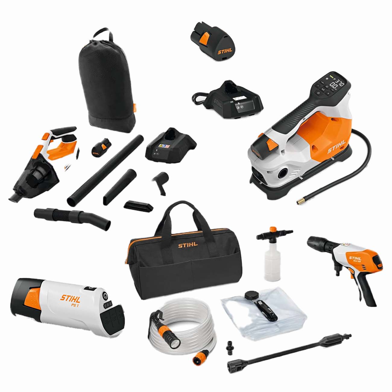 Paket STIHL Handdammsugare Högtryckstvätt Kompressor Powerbank Med Batteri & Laddare