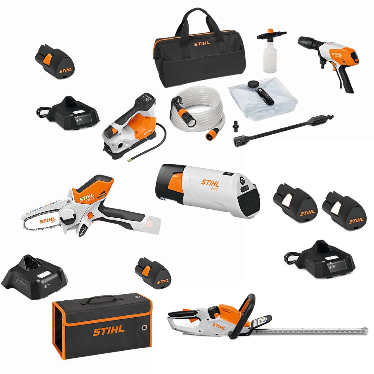 Paket STIHL Grensåg Häcksax Högtryckstvätt Kompressor Powerbank Med Batteri & Laddare