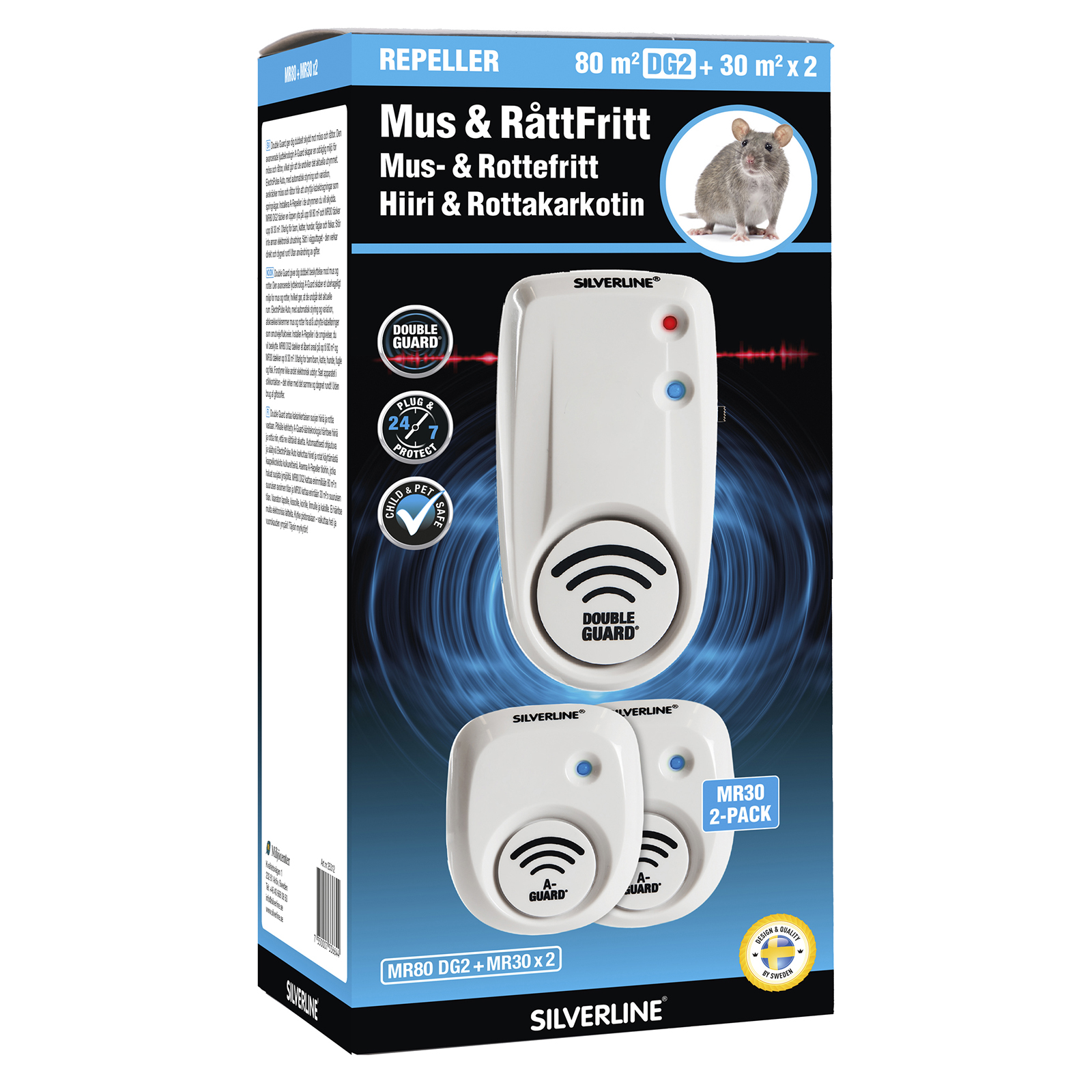 Skadedjursbekämpning Silverline Mus- & Rått Avskräckande MR80 DG2+MR30x2 Ultraljud A-Guard & Electro Pulse
