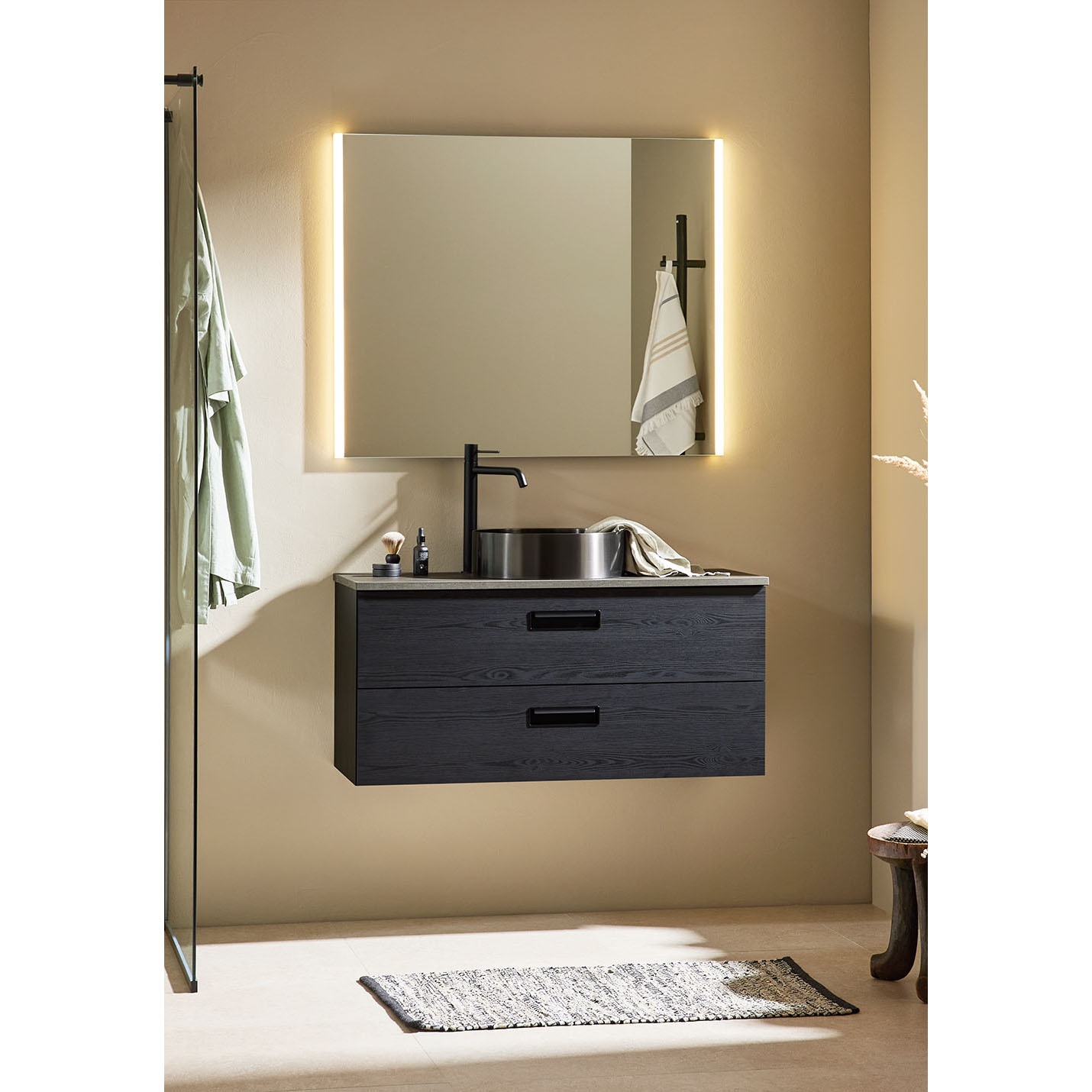 Tvättställsskåp Noro Relounge Svart Trästruktur Med Bänkskiva Cementgrå