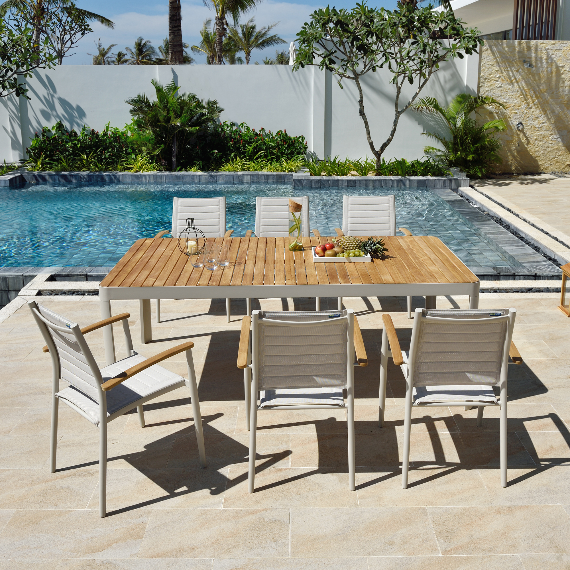 Matgrupp LifestyleGarden Portals 210 cm med 6 Lite Stolar Vit/Teak