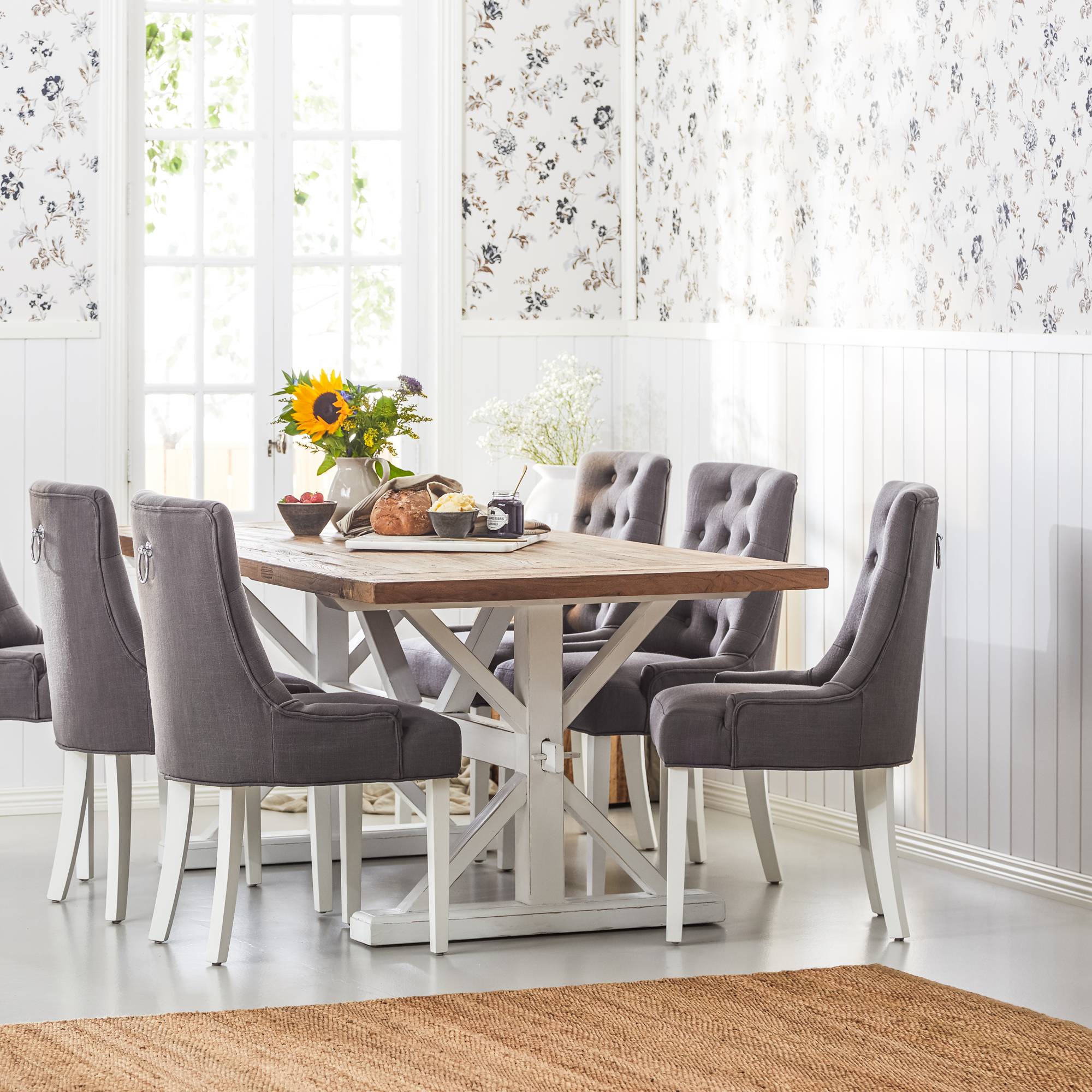 Matgrupp Bloomington Lyon Rektangulärt Matbord 200-290 cm Vit Bas Förlängningsbartt med 6 Viktoria Matstol