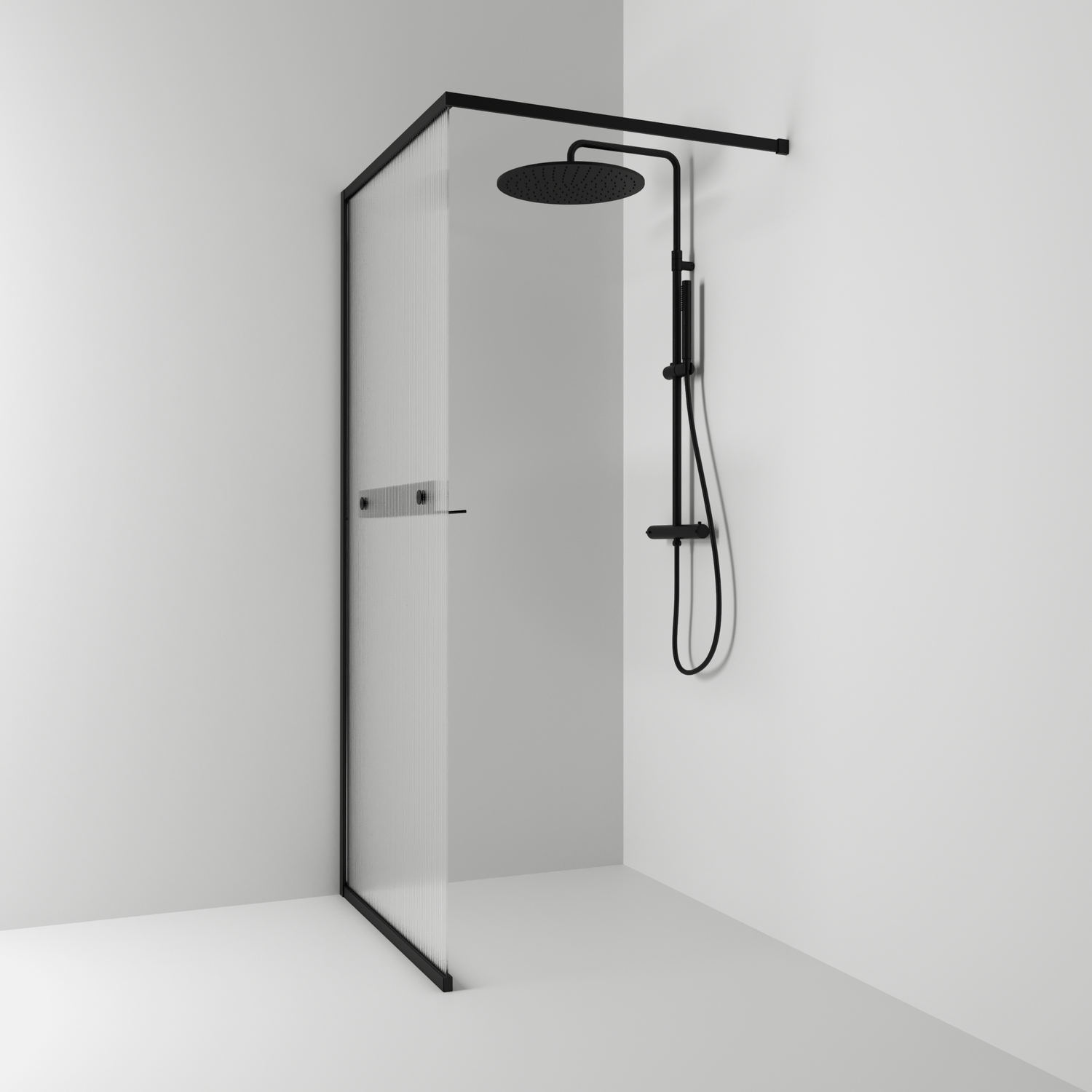 Duschvägg Svedbergs Langfoss Fast B: 900 mm, H: 2000 mm, Profil: Svart matt, Linjeglas, Med Hylla, Hägning: Vänster