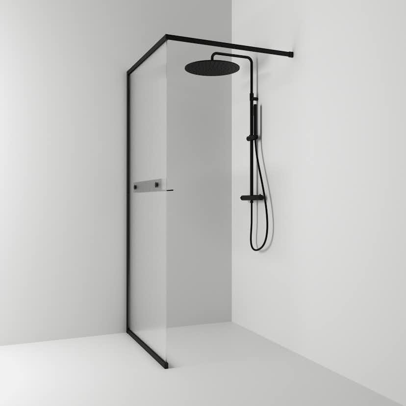 Duschvägg Svedbergs Langfoss Fast B: 900 mm, H: 2000 mm, Profil: Svart matt, Linjeglas, Med Hylla, Hägning: Vänster