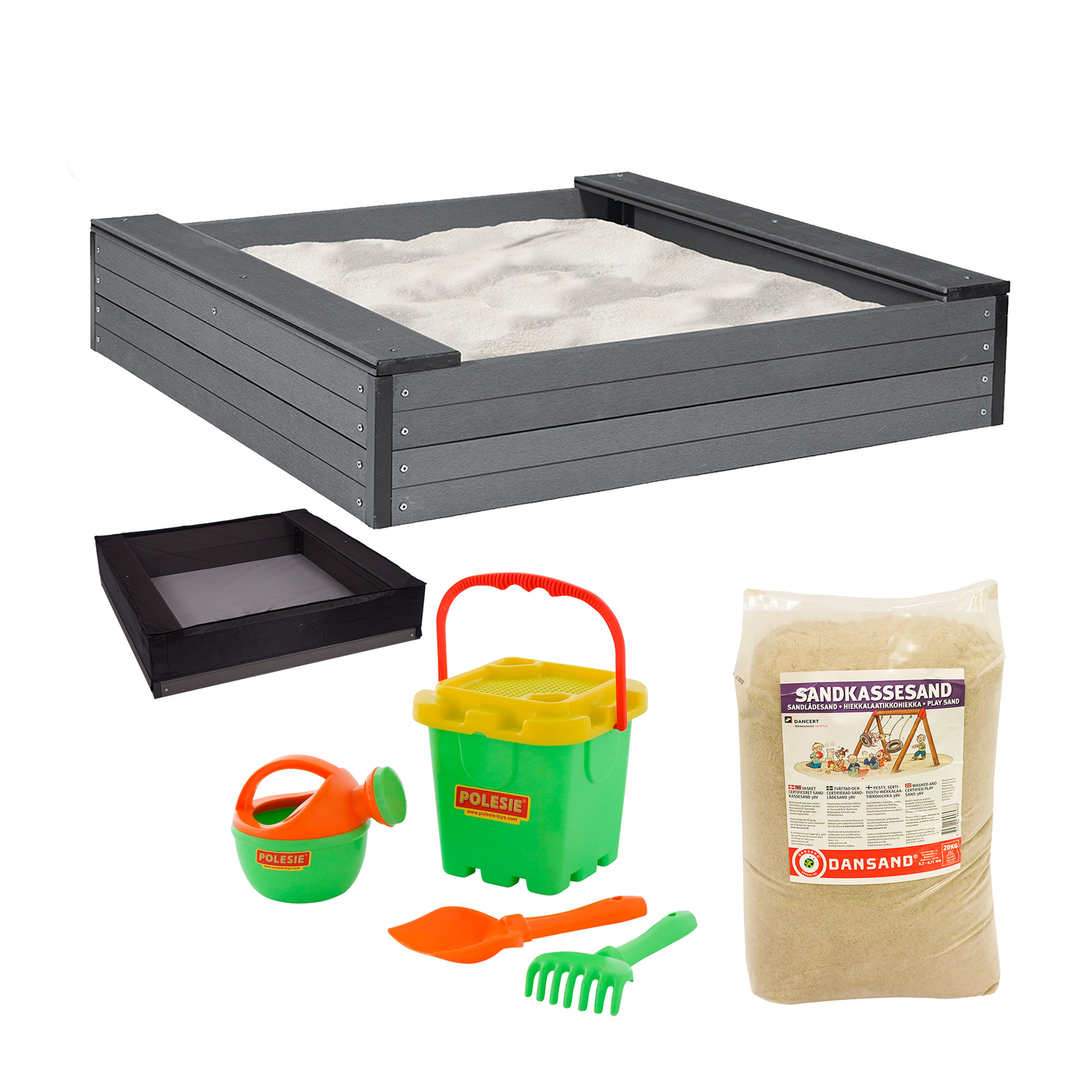 Sandlåda Nordic Play med Sits inkl Sand och Strandset Grå, Grönt strandset