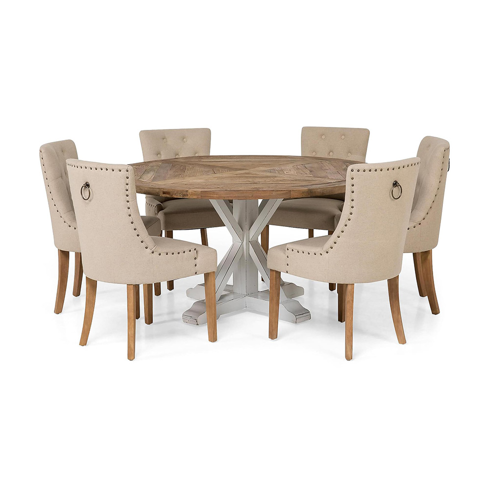 Matgrupp In Living Lyon Ø150 cm Rund med 6 st Viktoria Stolar Natur/Vit/Beige