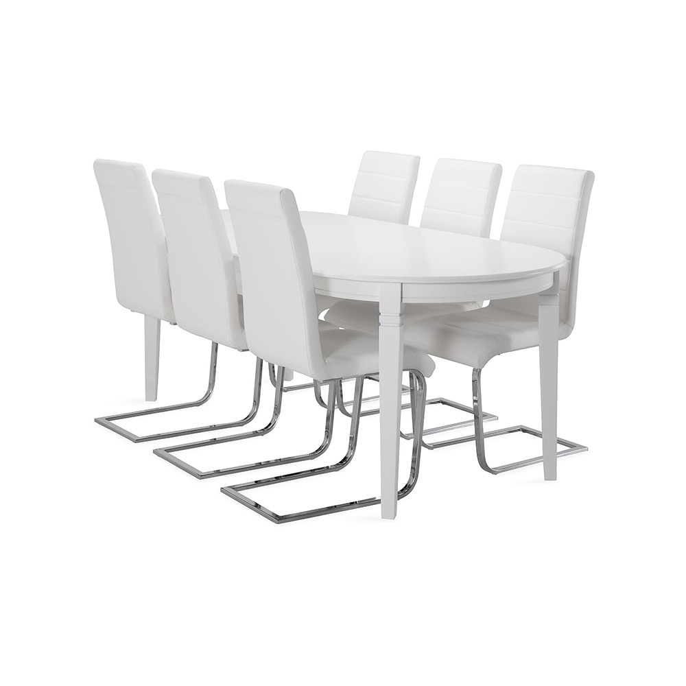 Matgrupp In Living Läckö Bord 6 st Cibus Stolar Vitt bord, Vit läderstol med ben i krom
