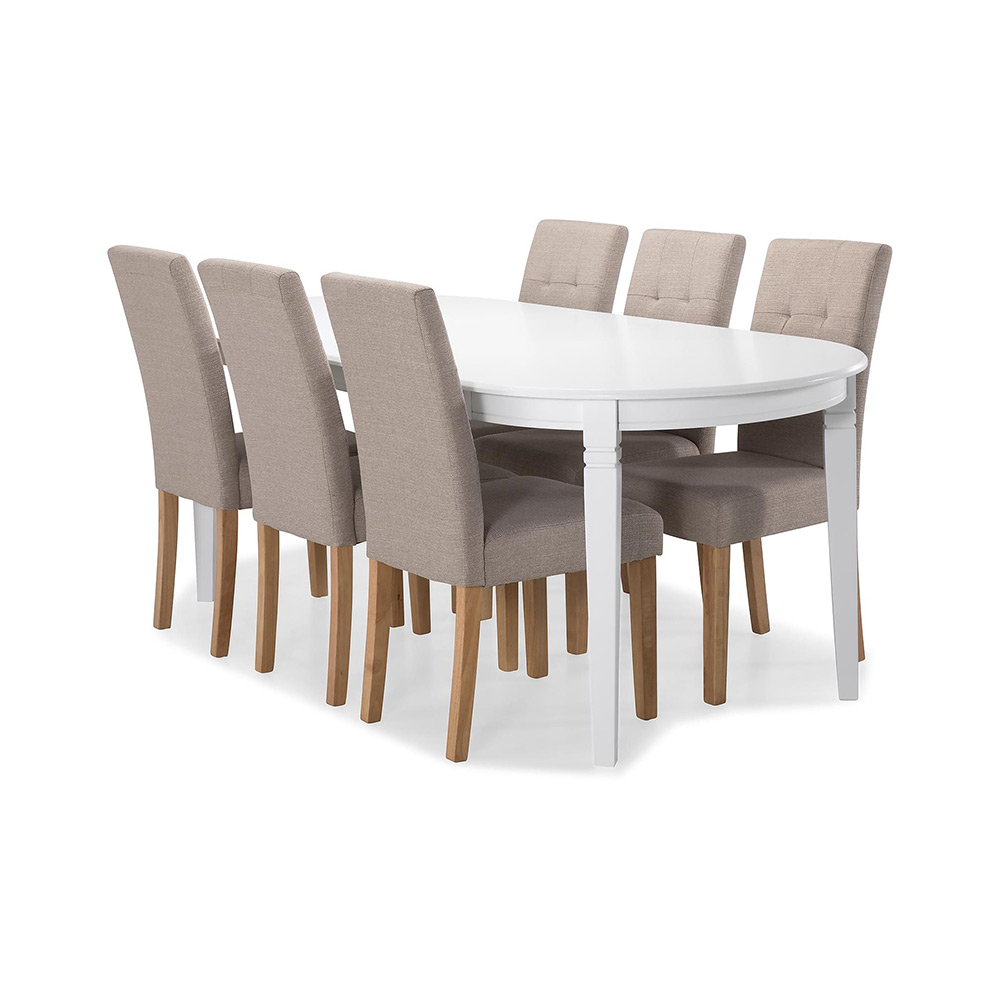 Matgrupp In Living Läckö Bord 6 st Viktor Stolar Vitt bord, Beige tygstol med träben