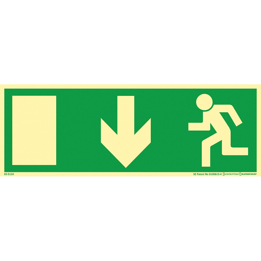 Skylt Systemtext Utrymning Pil Ner Aluminium Supernova 297x105 mm