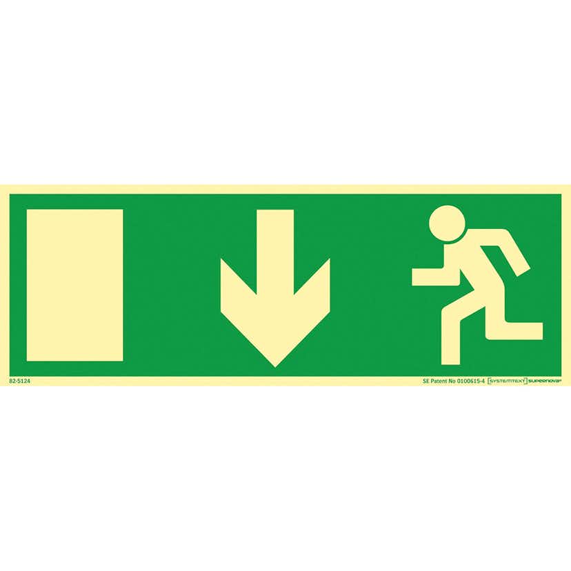 Skylt Systemtext Utrymning Pil Ner Aluminium Supernova 297x105 mm