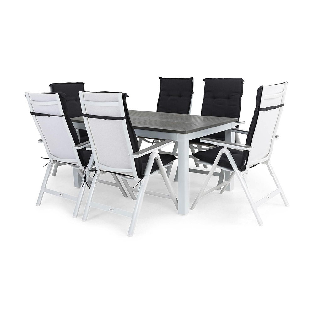 Matgrupp Comfort Garden Monaco 152-210 med 6 Positionsstolar Maggie Vit, Grå Dynor