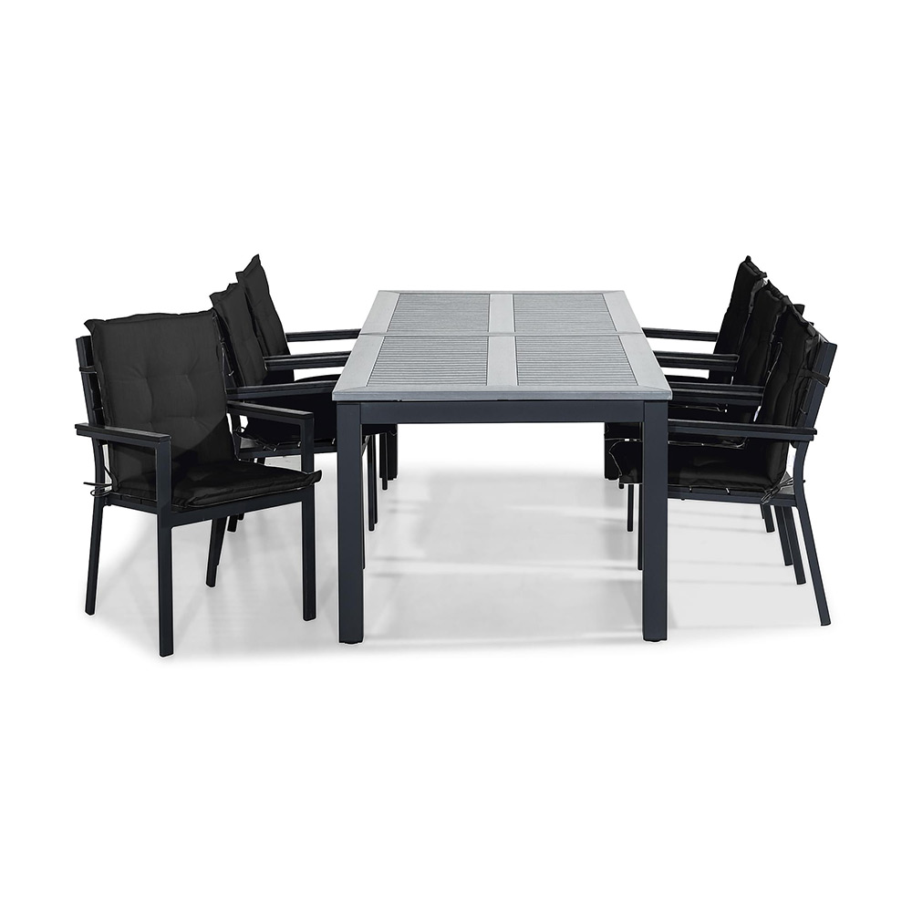 Matgrupp Comfort Garden Monaco 220-280 med 6 Stapelstolar Tunis Svart/Grå, Svarta Dynor
