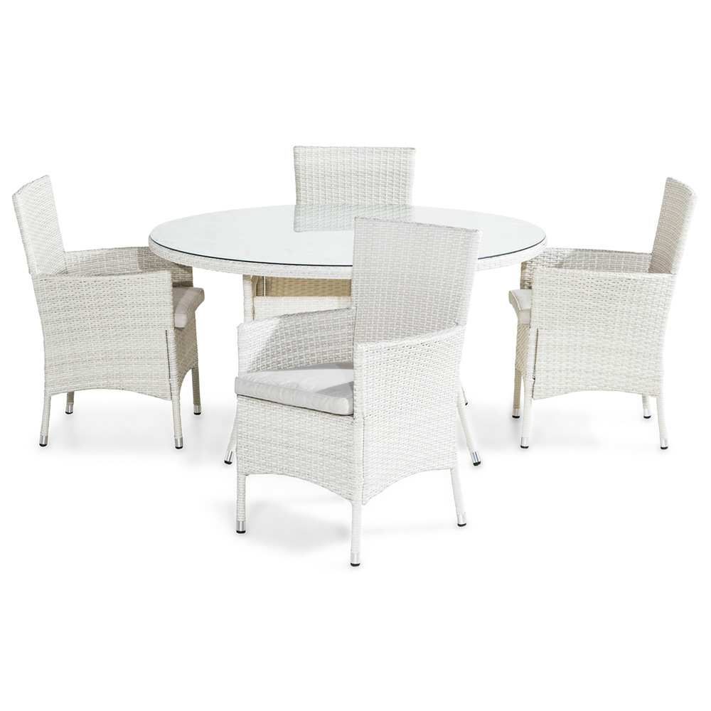 Matgrupp Comfort Garden Thor 140 Rund med 4 Fåtöljer Vita Dynor