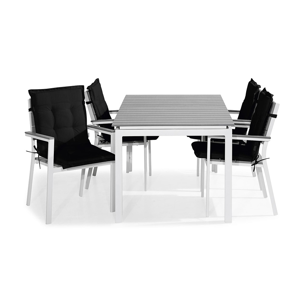 Matgrupp Comfort Garden Tunis 152-210x90 med 4 Stapelstolar Vit/Grå, Svarta Dynor
