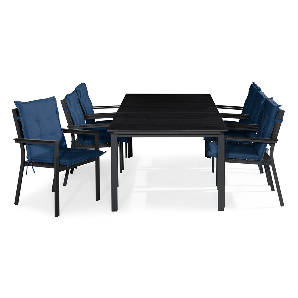 Matgrupp Comfort Garden Tunis 205x90 med 6 Stapelstolar Blå Dynor