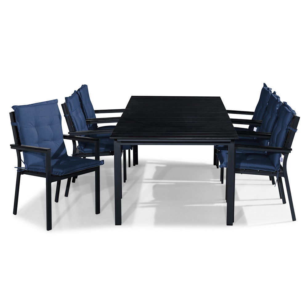 Matgrupp Comfort Garden Tunis 220-280x90 med 6 Stapelstolar Blå Dynor
