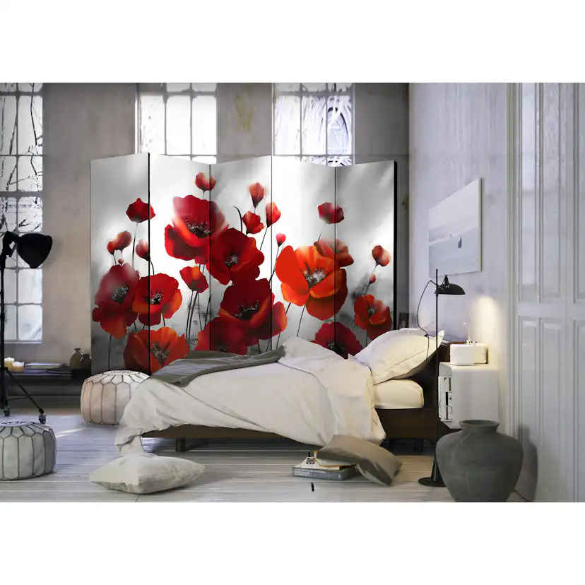 Rumsavdelare Skärmvägg Arkiio Poppies in the Moonlight II Röd/Svart/Vit 225x172 cm