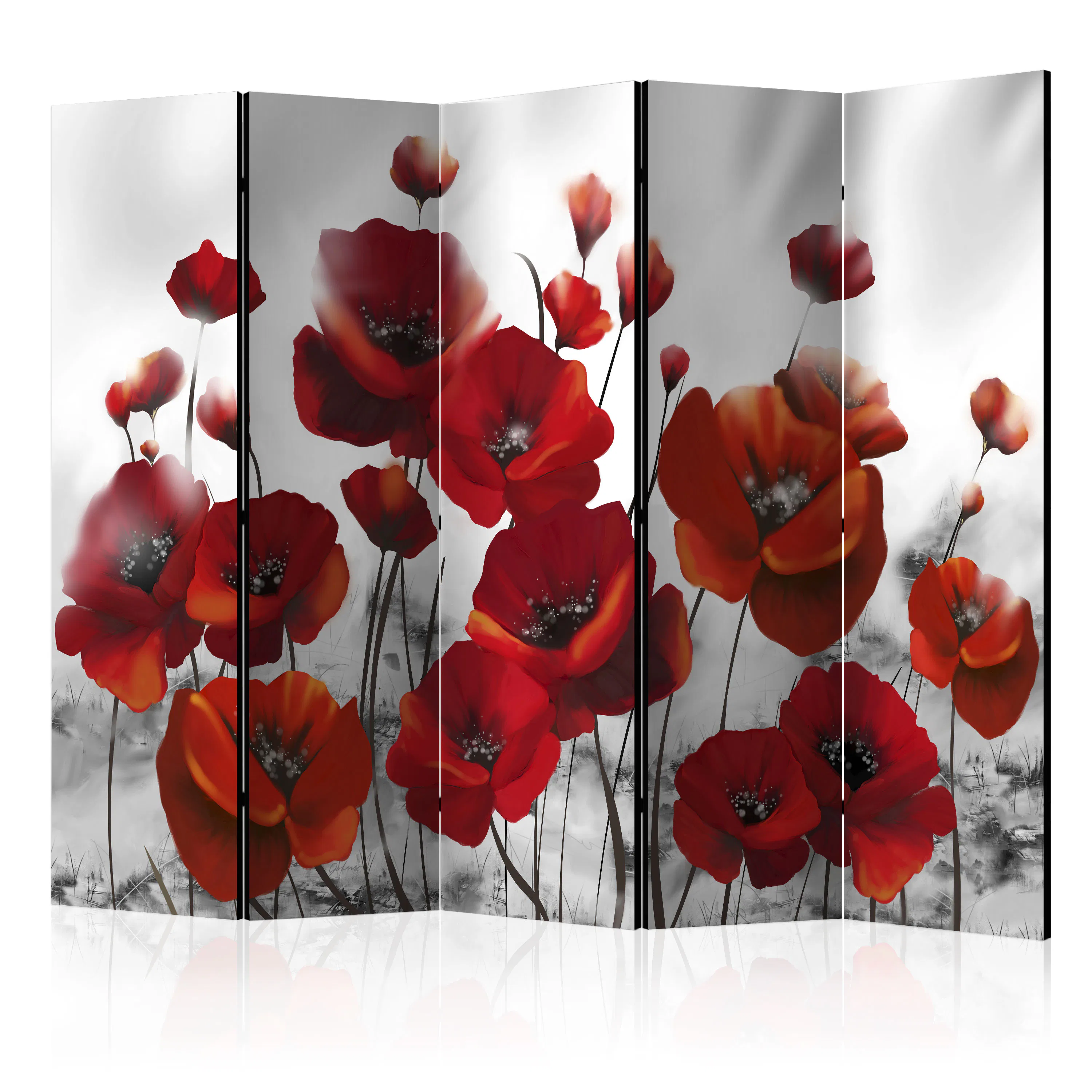 Rumsavdelare Skärmvägg Arkiio Poppies in the Moonlight II Röd/Svart/Vit 225x172 cm