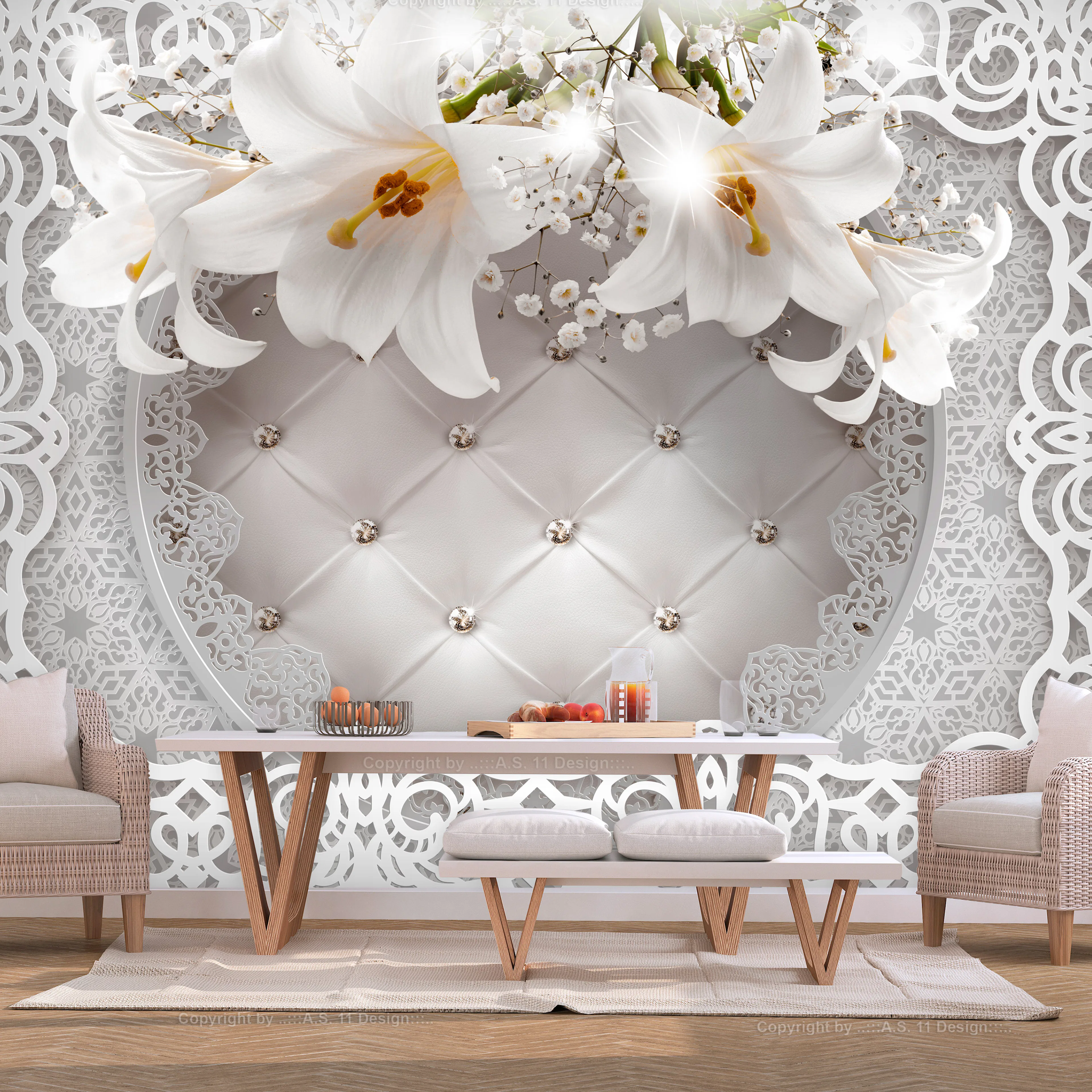 Fototapet Arkiio Självhäftande Lilies And Quilted Background