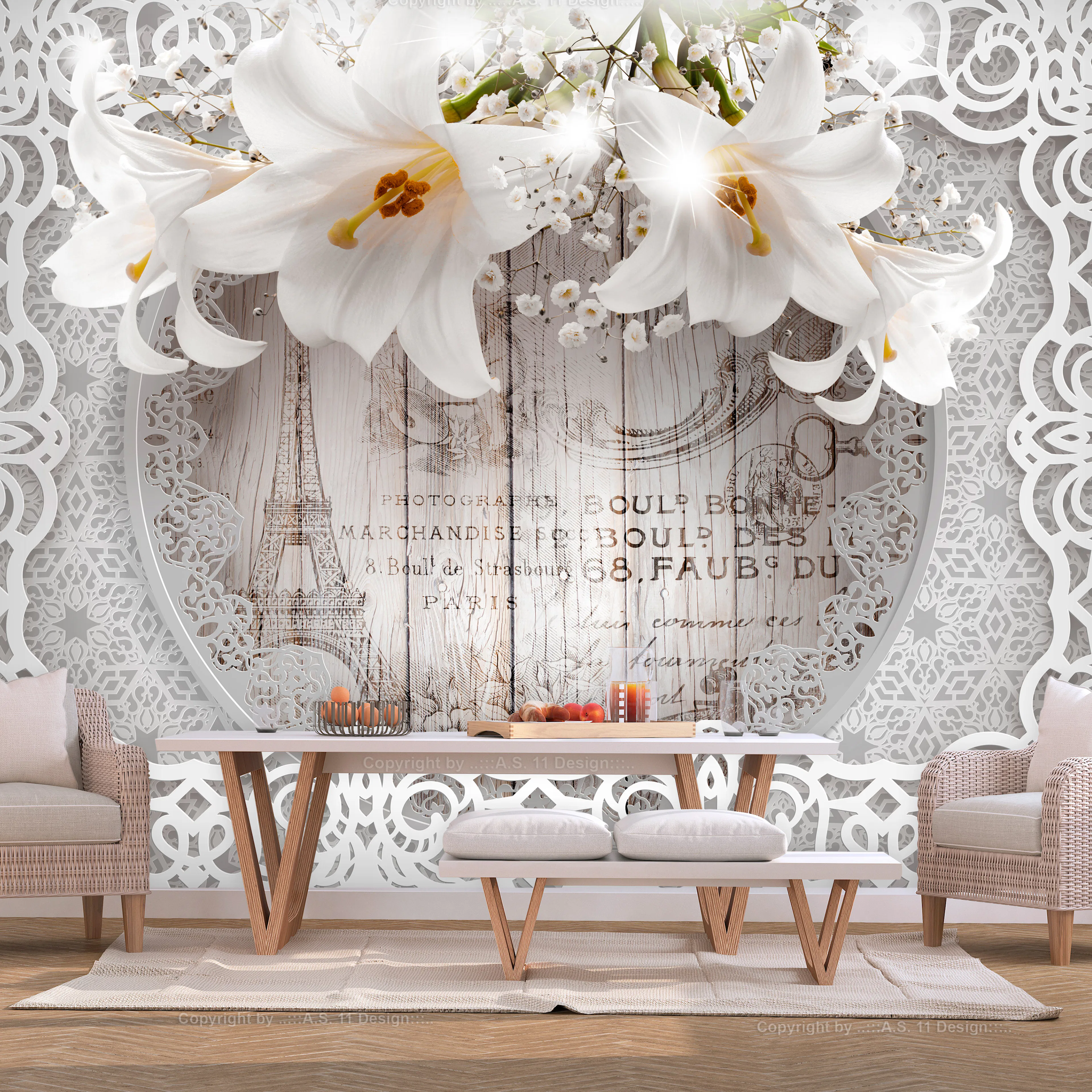 Fototapet Arkiio Självhäftande Lilies And Wooden Background
