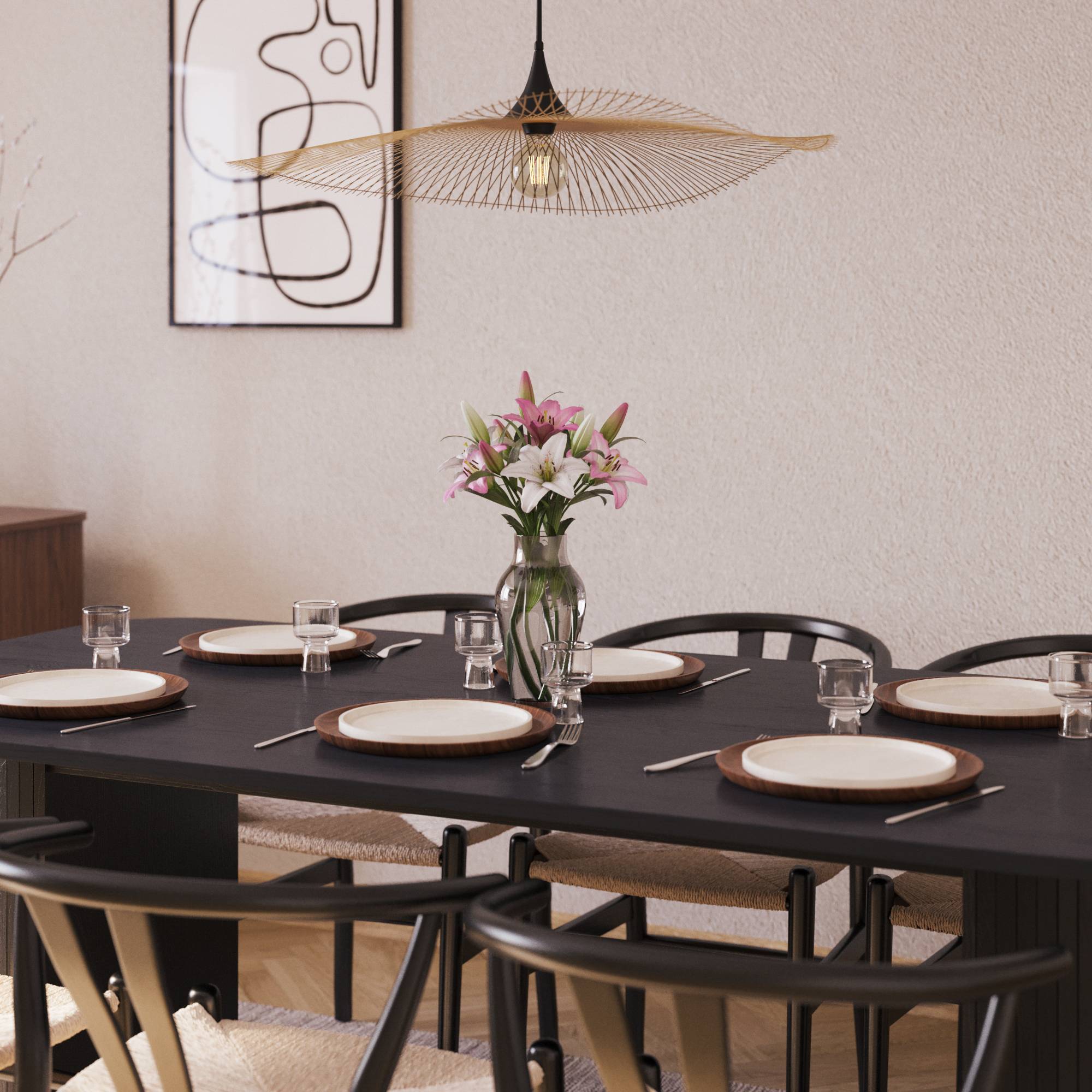 Matgrupp Bark Kopparbo Rektangulärt Matbord 200x100 cm med 6 Dastoori Matstol Svart