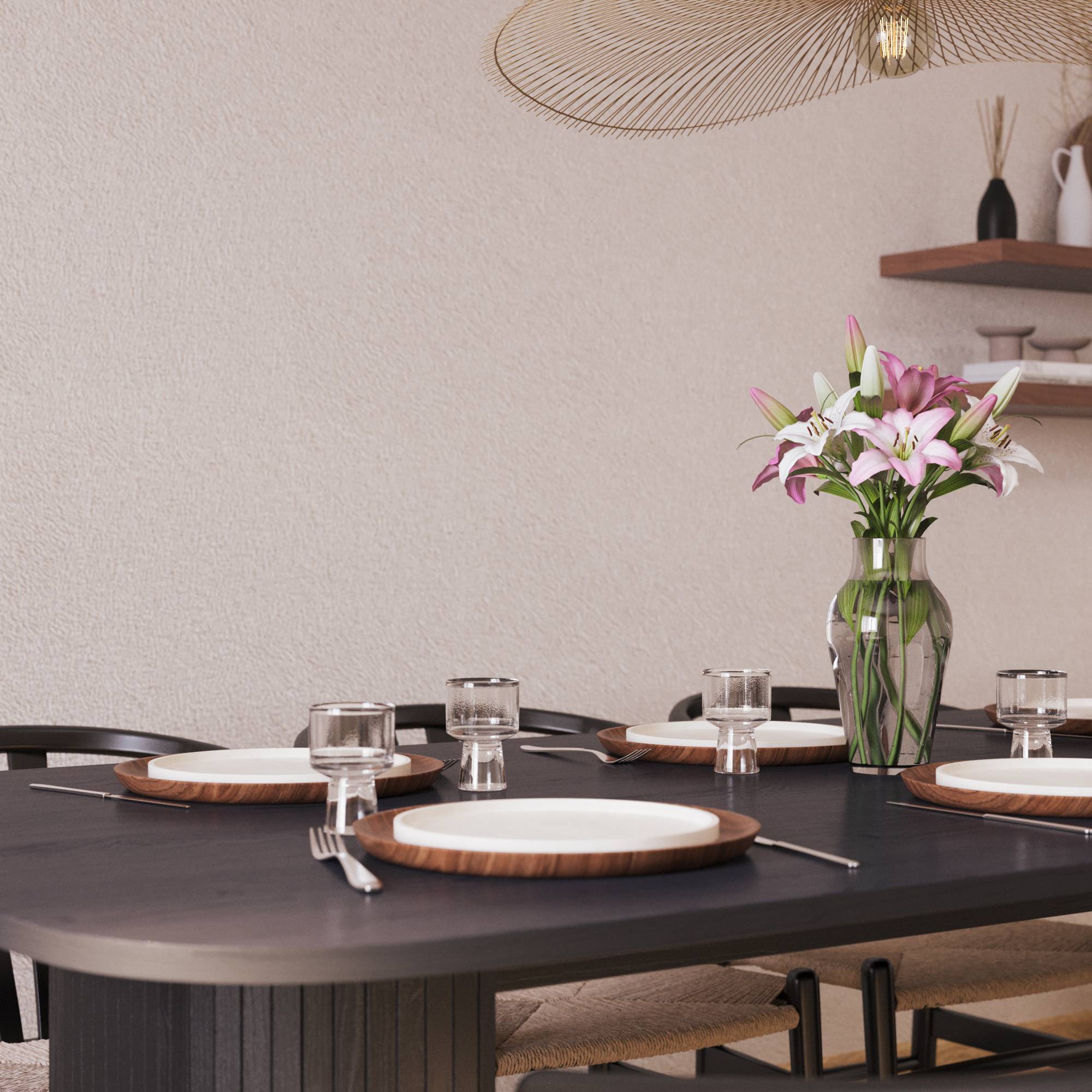 Matgrupp Bark Kopparbo Rektangulärt Matbord 200x100 cm med 6 Dastoori Matstol Svart