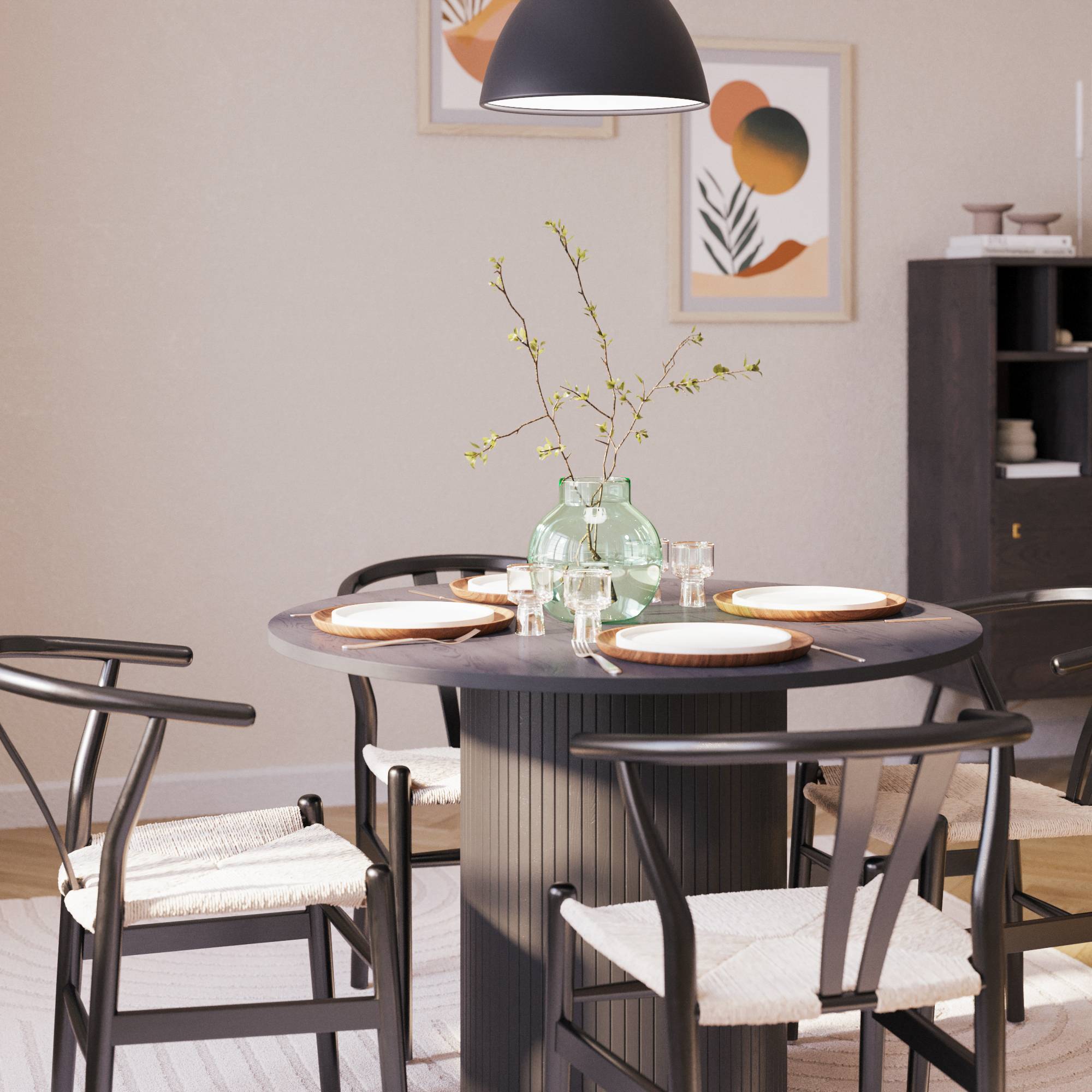 Matgrupp Bark Kopparbo Runt Matbord 106-156 cm Svart Förlängningsbartt med 4Dastoori Matstol