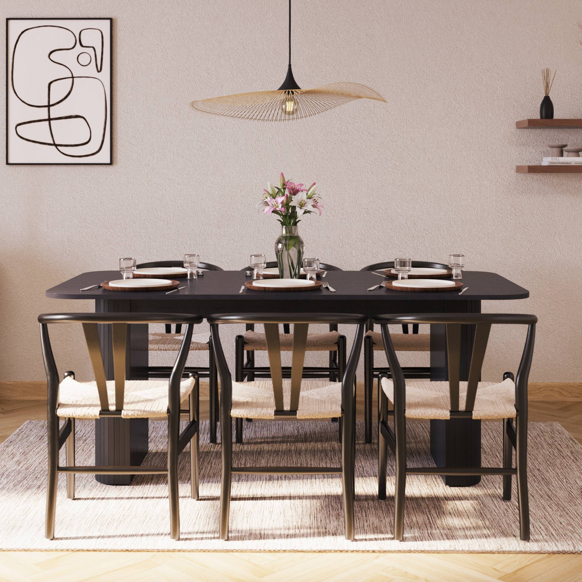 Matgrupp Bark Kopparbo Rektangulärt Matbord 180-240 cm Förlängningsbartt med 6 Dastoori Matstol