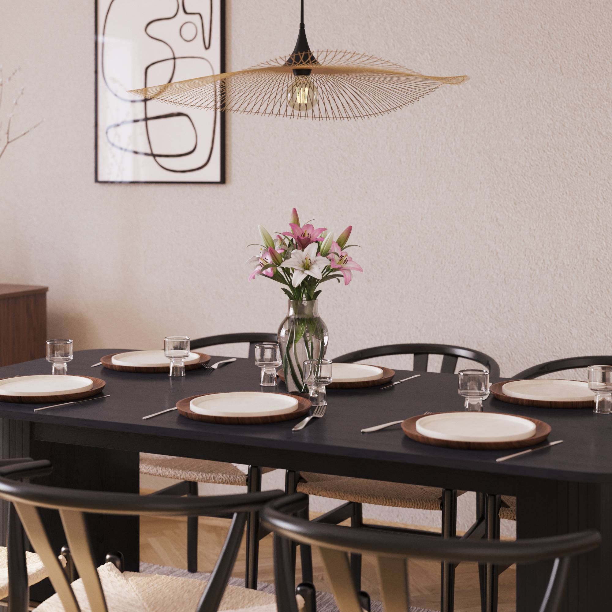 Matgrupp Bark Kopparbo Rektangulärt Matbord 180-240 cm Förlängningsbartt med 6 Dastoori Matstol