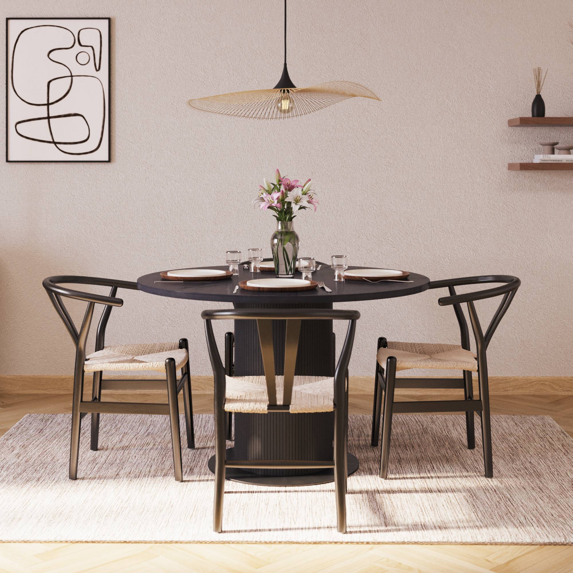Matgrupp Bark Noira Runt Matbord 120 cm med 4 Dastoori Matstol