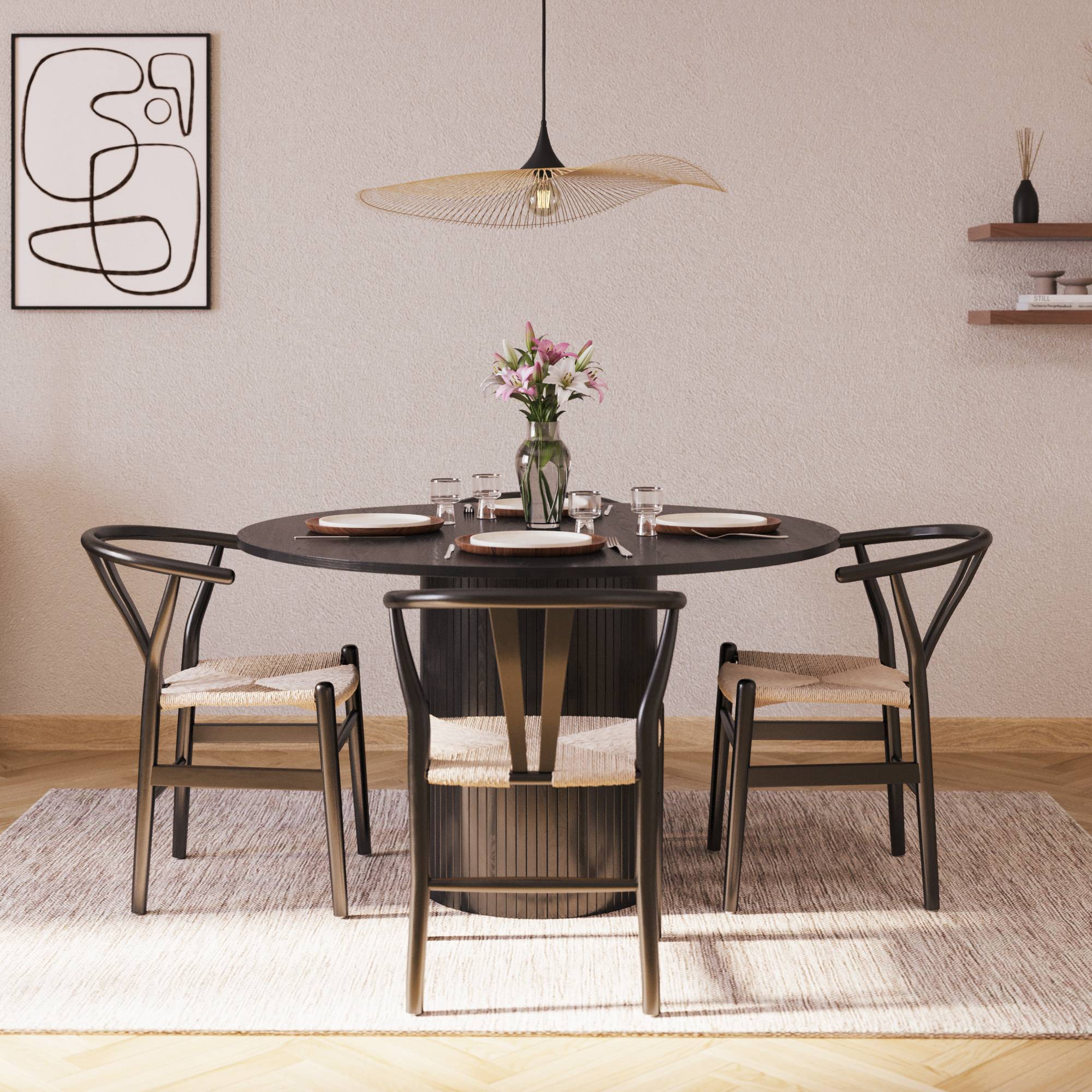 Matgrupp Bark Kopparbo Runt Matbord 130 cm med 4 Dastoori Matstol