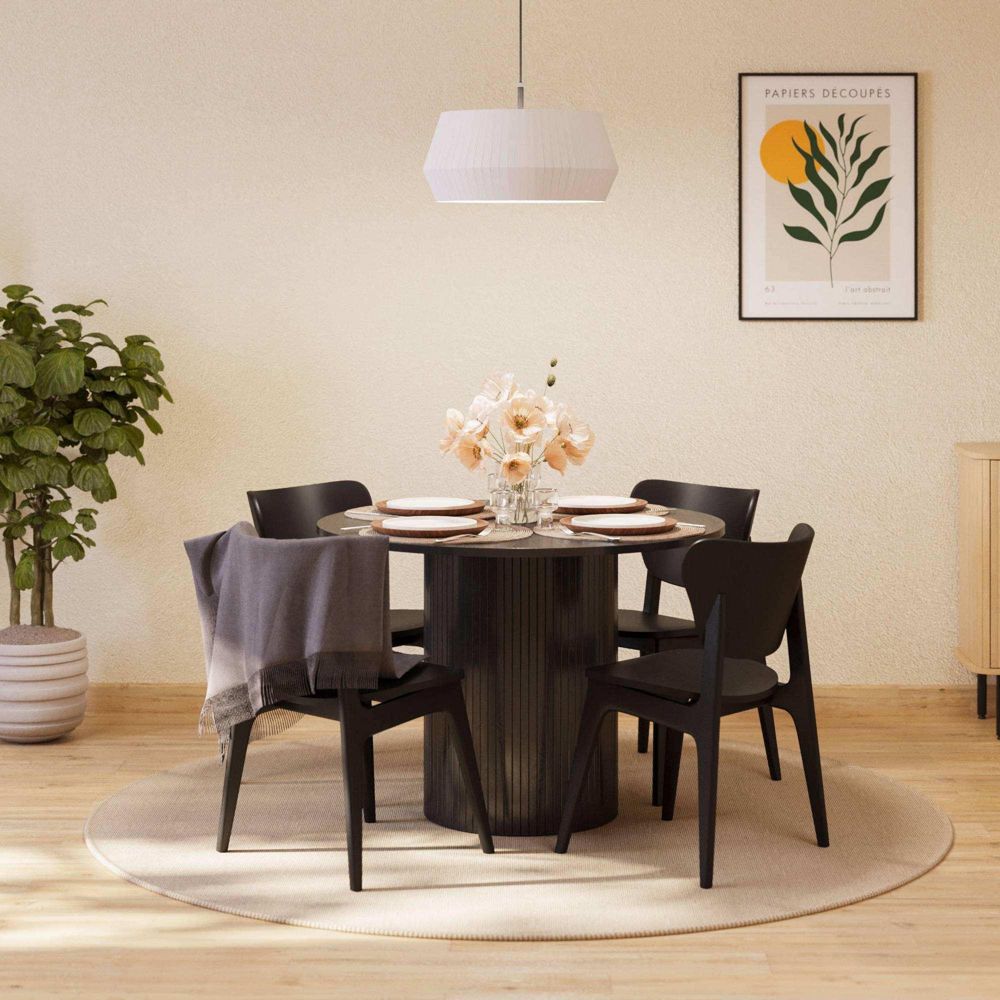 Matgrupp Bark Kopparbo Runt Matbord 106-156 cm Förlängningsbartt med 4 Jerup Matstol