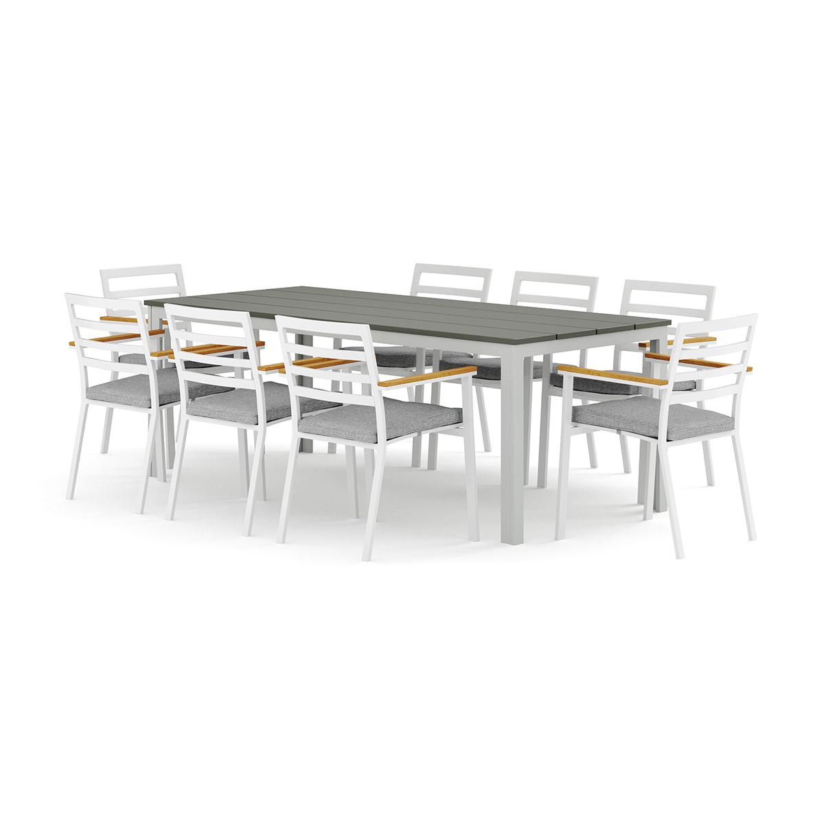 Trädgårdsgrupp Comfort Garden Tunis utomhus matgrupp 205x90 cm med 8 Oliver karmstolar med dyna