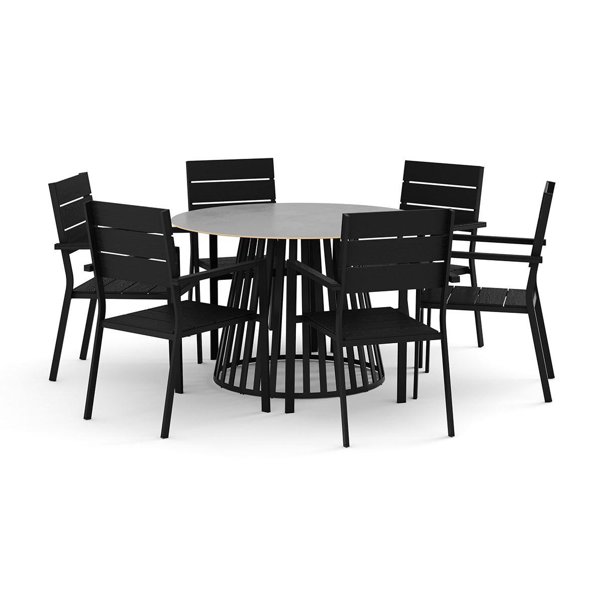 Trädgårdsgrupp deNoord Sensi utomhus matgrupp 120 cm med 6 Tunis stapelstolar