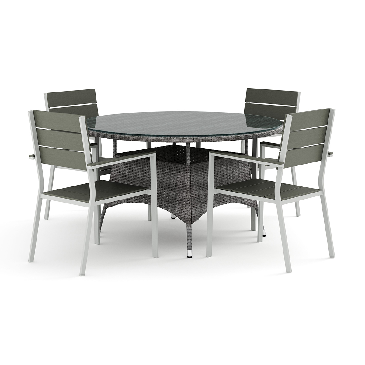 Trädgårdsgrupp Comfort Garden Thor utomhus rund matgrupp 140 cm med 4 Tunis stapelstolar