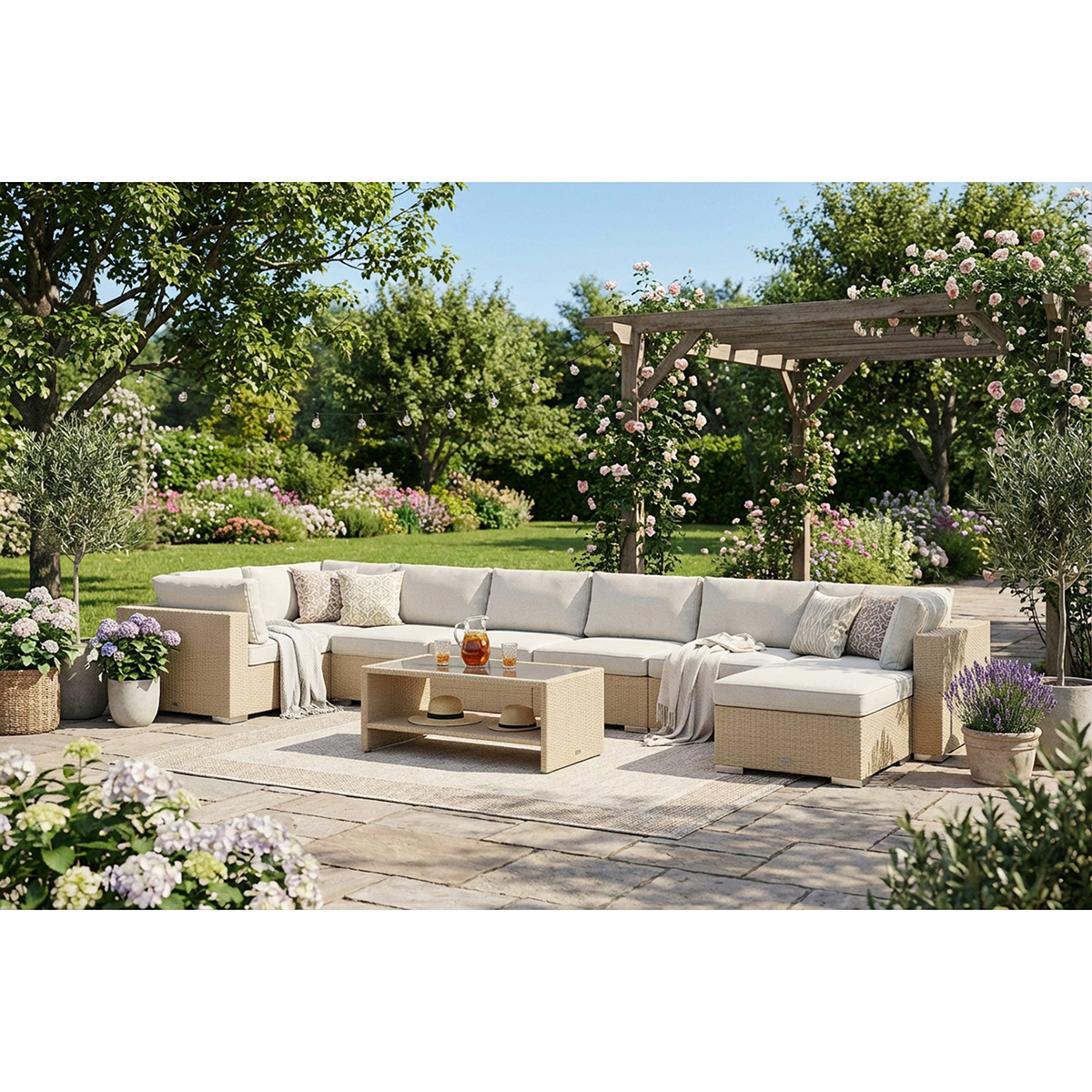 Loungegrupp Comfort Garden Bahamas U-formad utomhus loungegrupp 8-sits med vändbar divan och bord med hylla