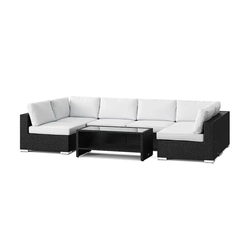 Loungegrupp Comfort Garden Bahamas U-formad utomhus loungegrupp med öppet avslut, 6-sits med bord och hylla