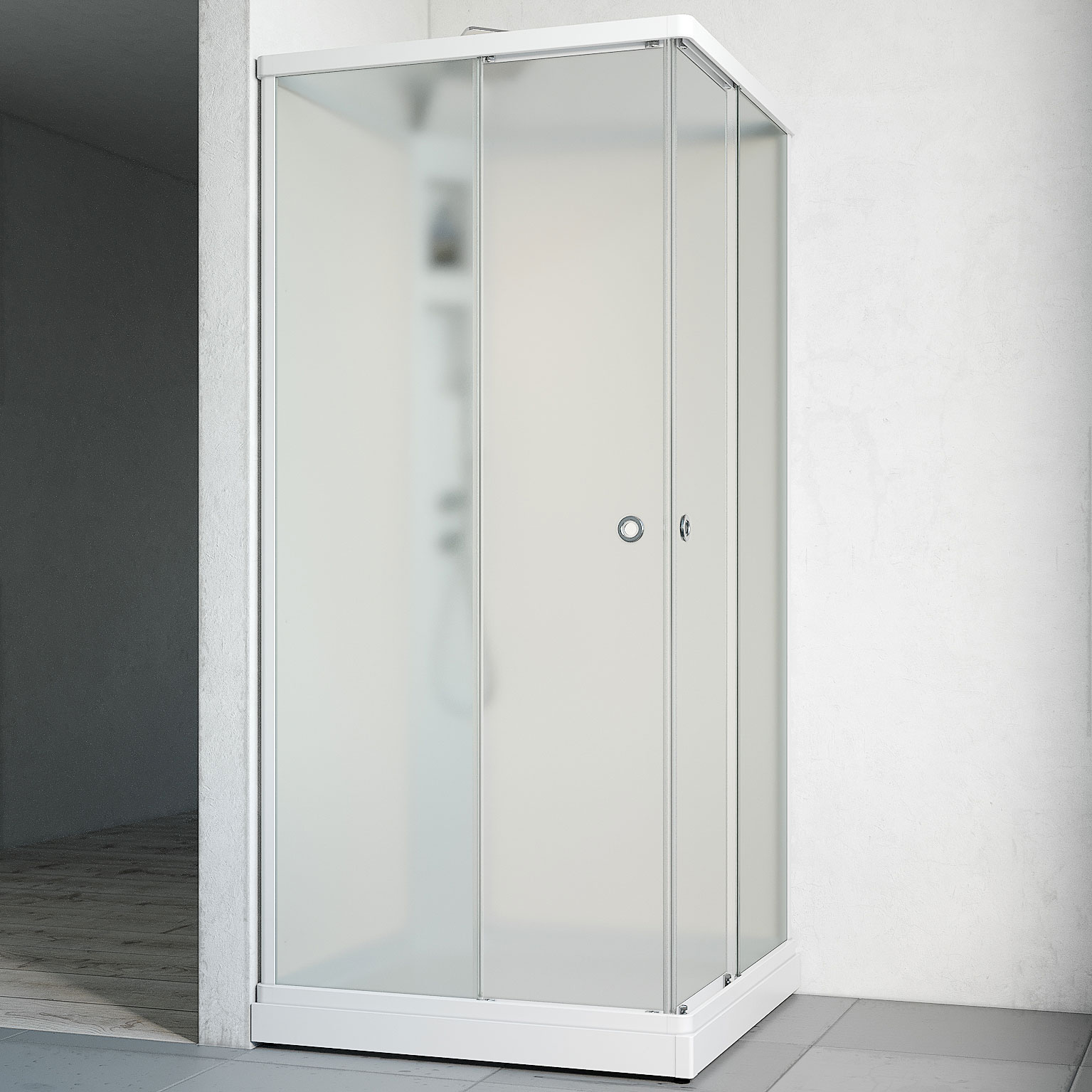 Duschkabin Macro Design Flow Rak med Infälld Blandare 810x810 mm, Vit Profil, Frostat glas/Vit bakvägg