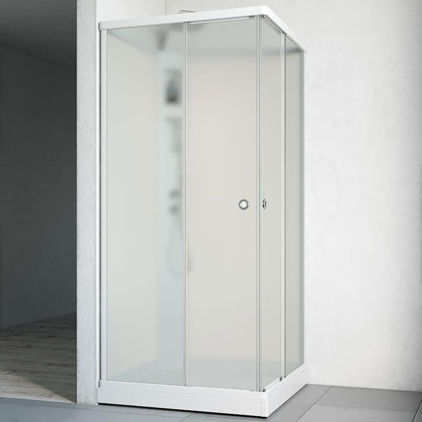 Duschkabin Macro Design Flow Rak med Infälld Blandare 810x810 mm, Vit Profil, Frostat glas/Vit bakvägg