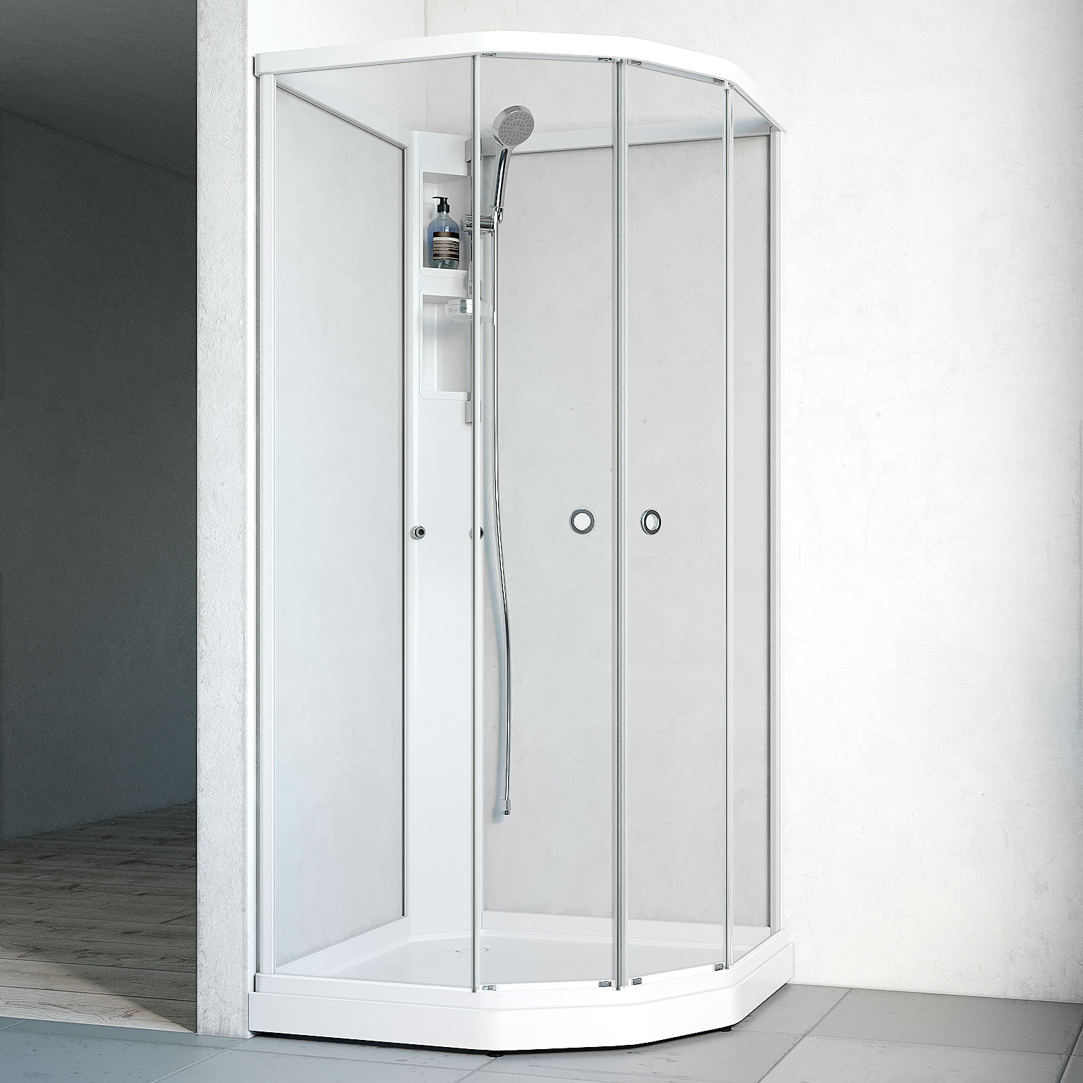 Duschkabin Macro Design Flow Semi utan Blandare 910x810x1990 mm, Vit Profil, Klarglas/Vit bakvägg