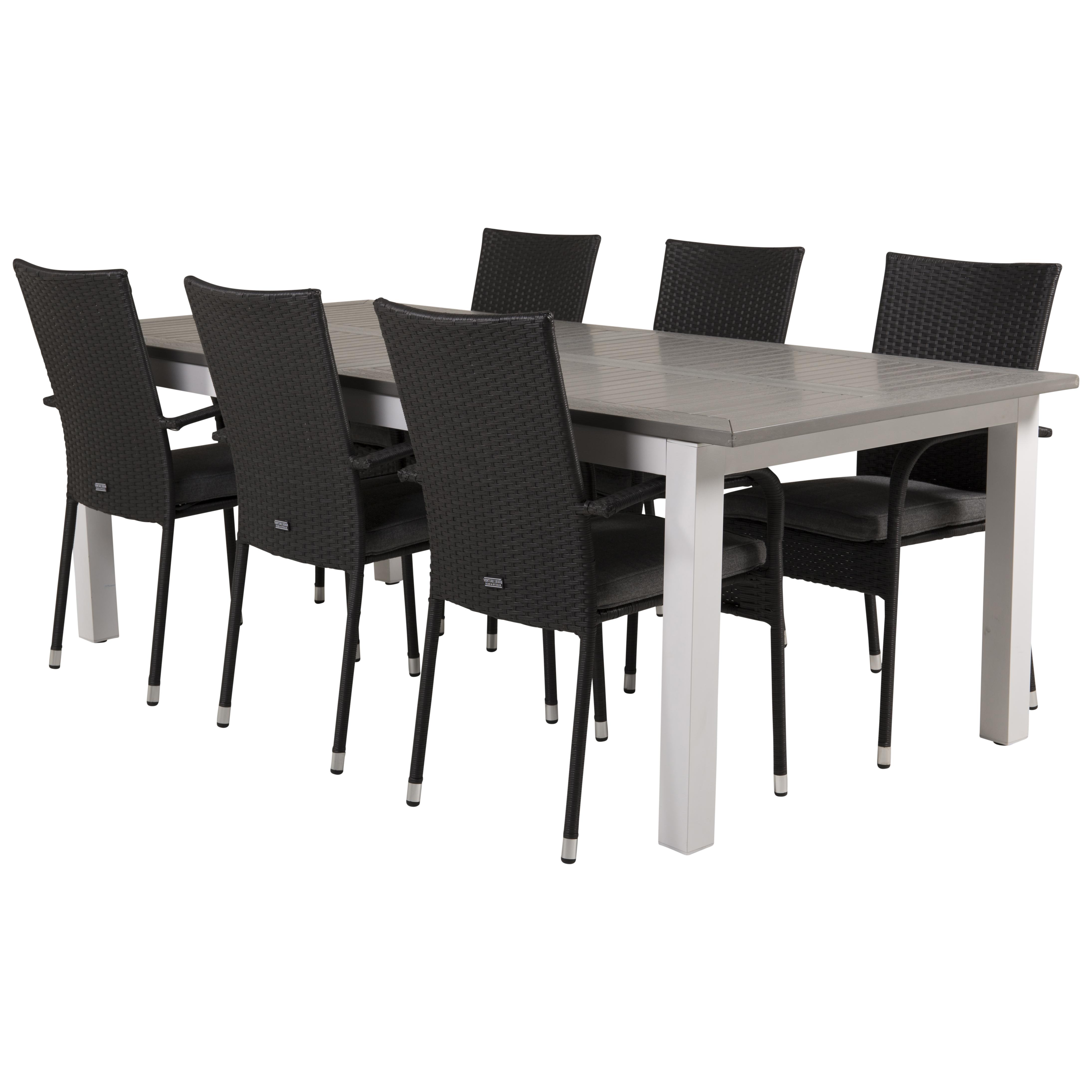 Matgrupp Venture Home Aleyna 224/324 med 6 Asta Stolar Grå Bord med Vita Ben, Svart Stol med Svart Dyna
