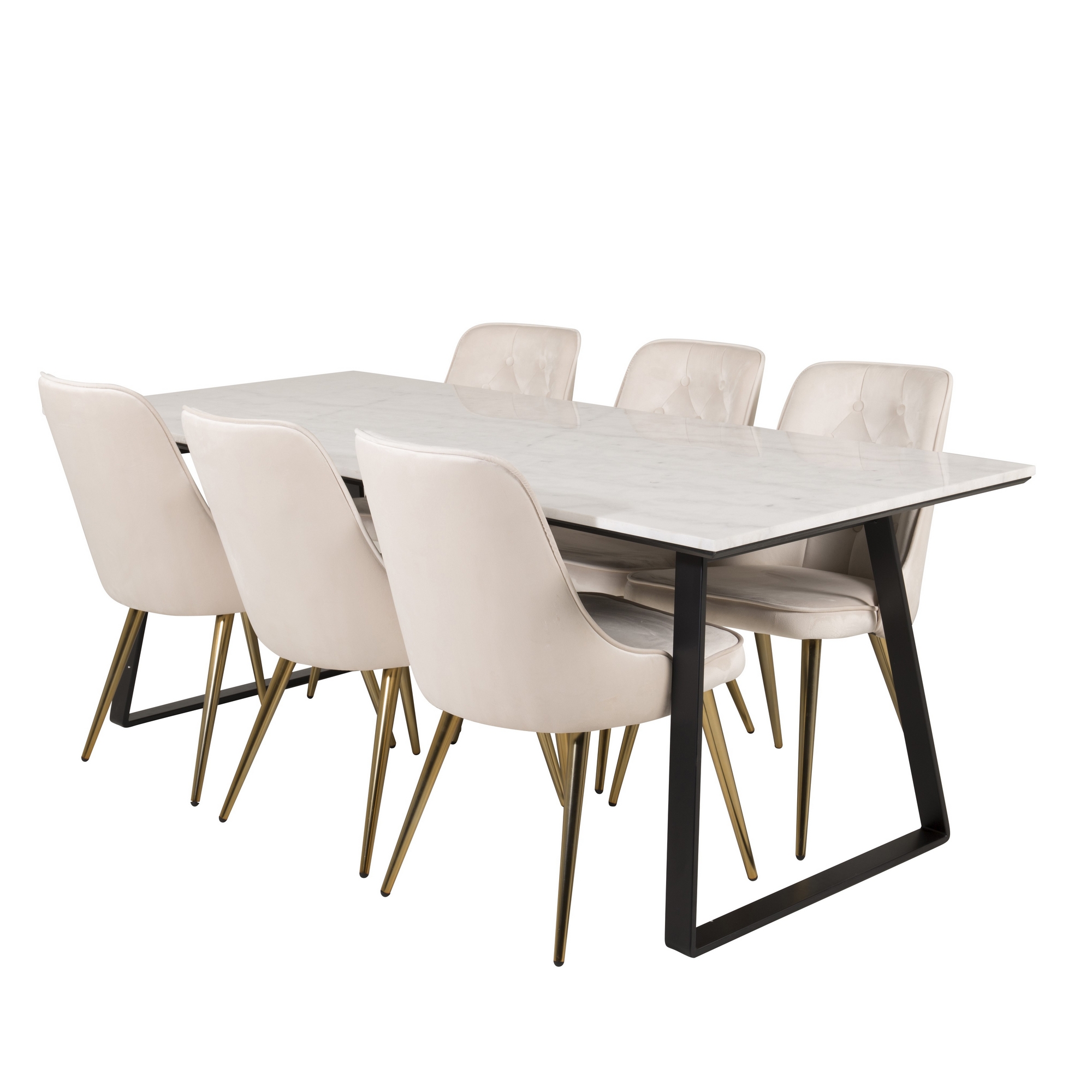 Matgrupp Venture Home Estelle 200 med 6 Vera Stolar Sammet Vitt Bord med Svarta ben, Beige Stol med Mässingsben