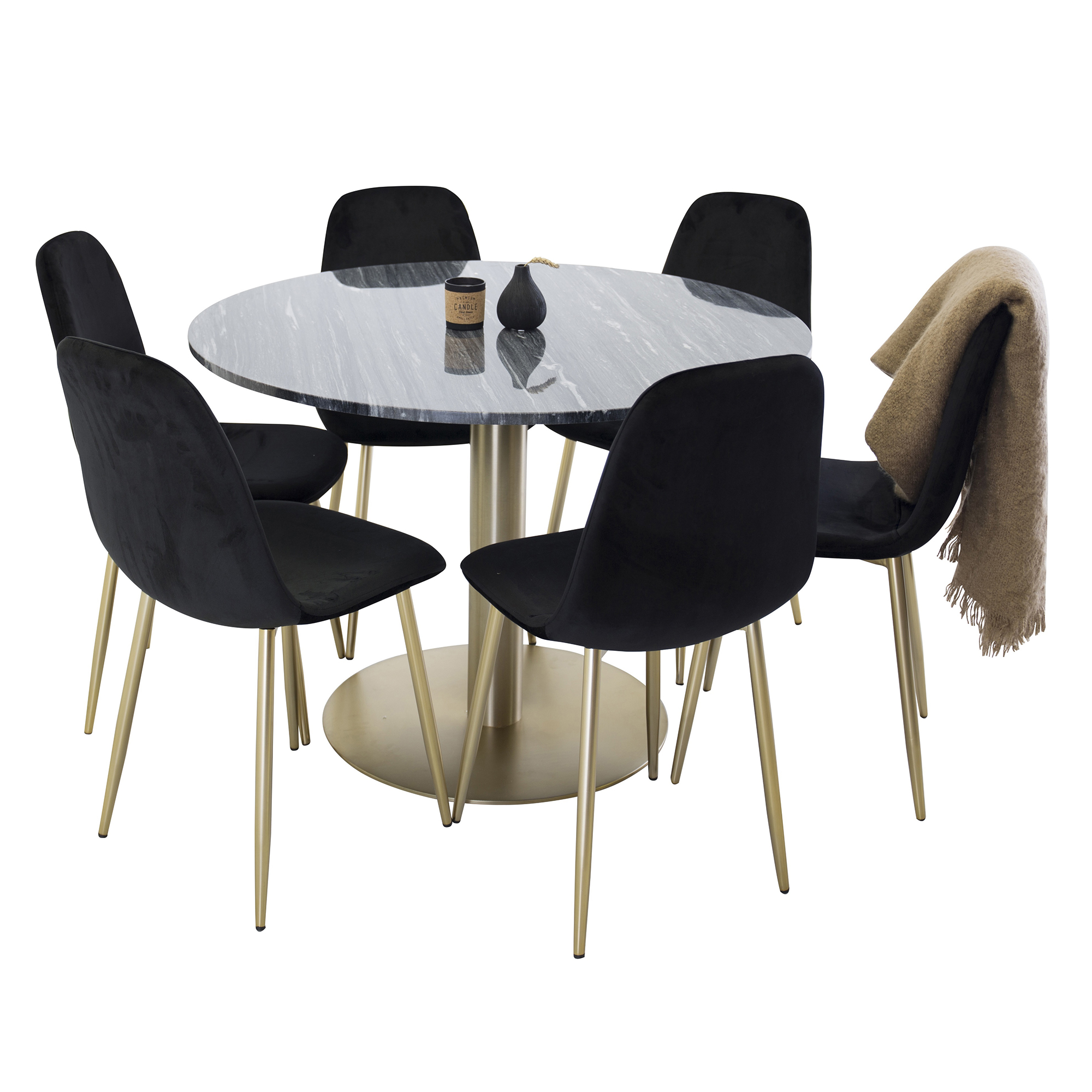 Matgrupp Venture Home Estelle Svart/Mässing med 6 Pobbie Stolar