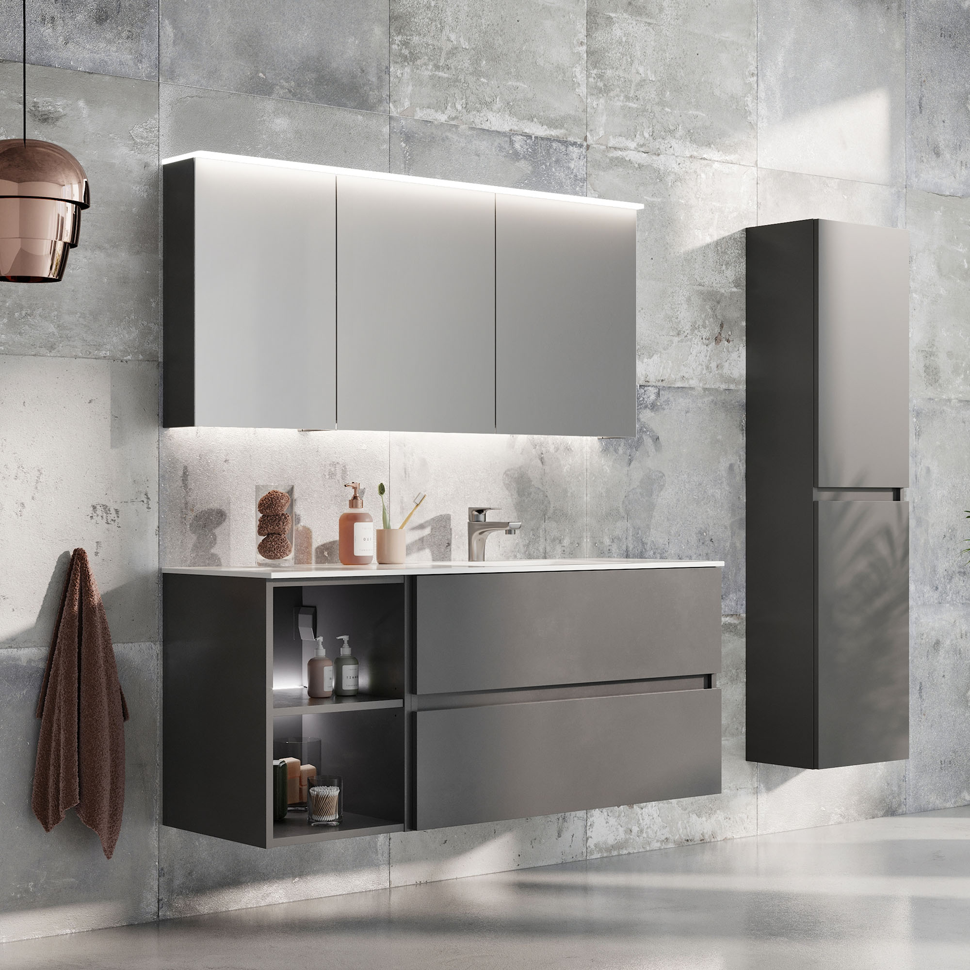 Tvättställsskåp Swebad Hemavan 120 cm 120 cm, Enkelt Tvättställ Högerställt med öppet sidoskåp 40+80 cm, Ljusgrå