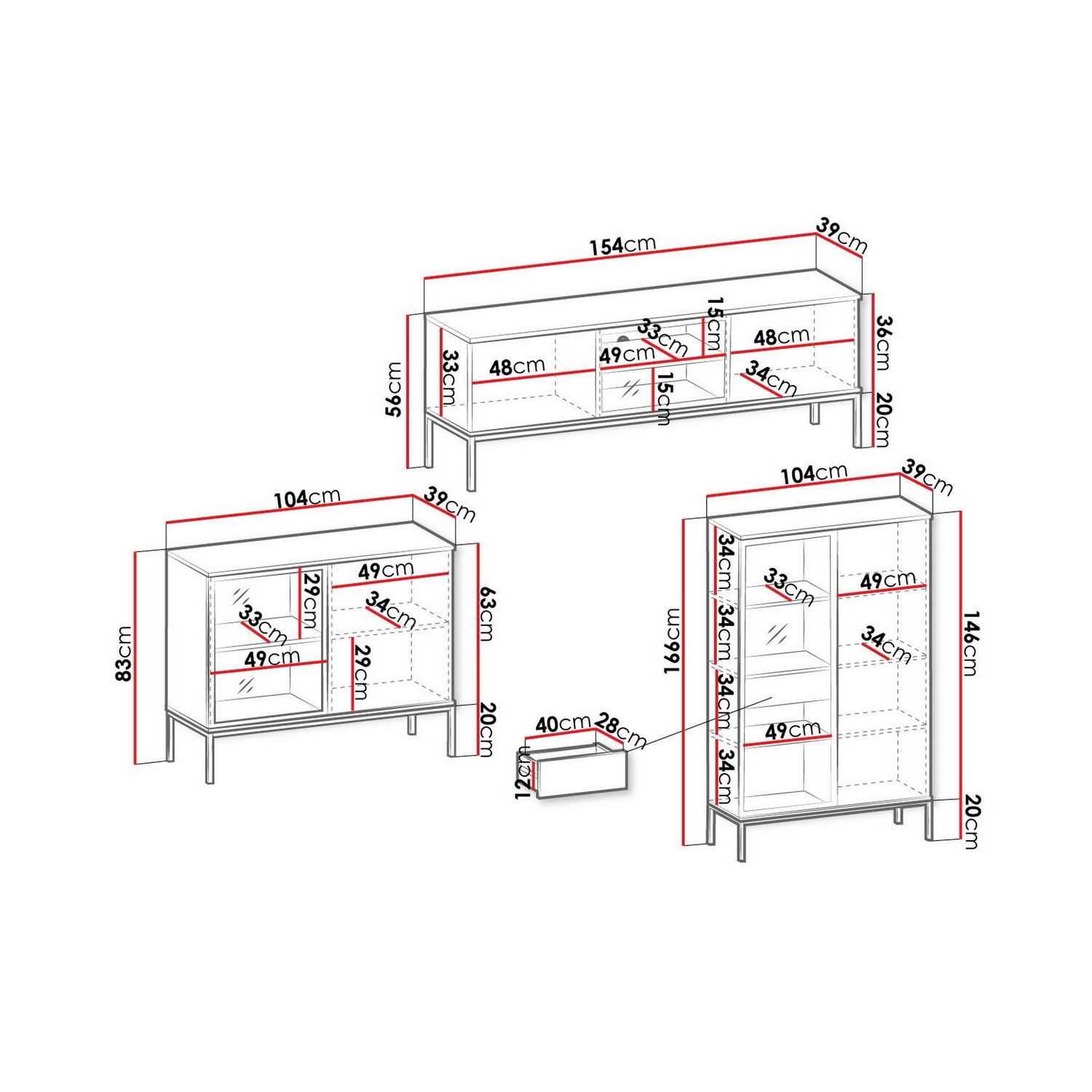 Möbelset Scandinavian Choice Klinkerville till Vardagsrum, TV-Bänk, Vitrinskåp & Sideboard